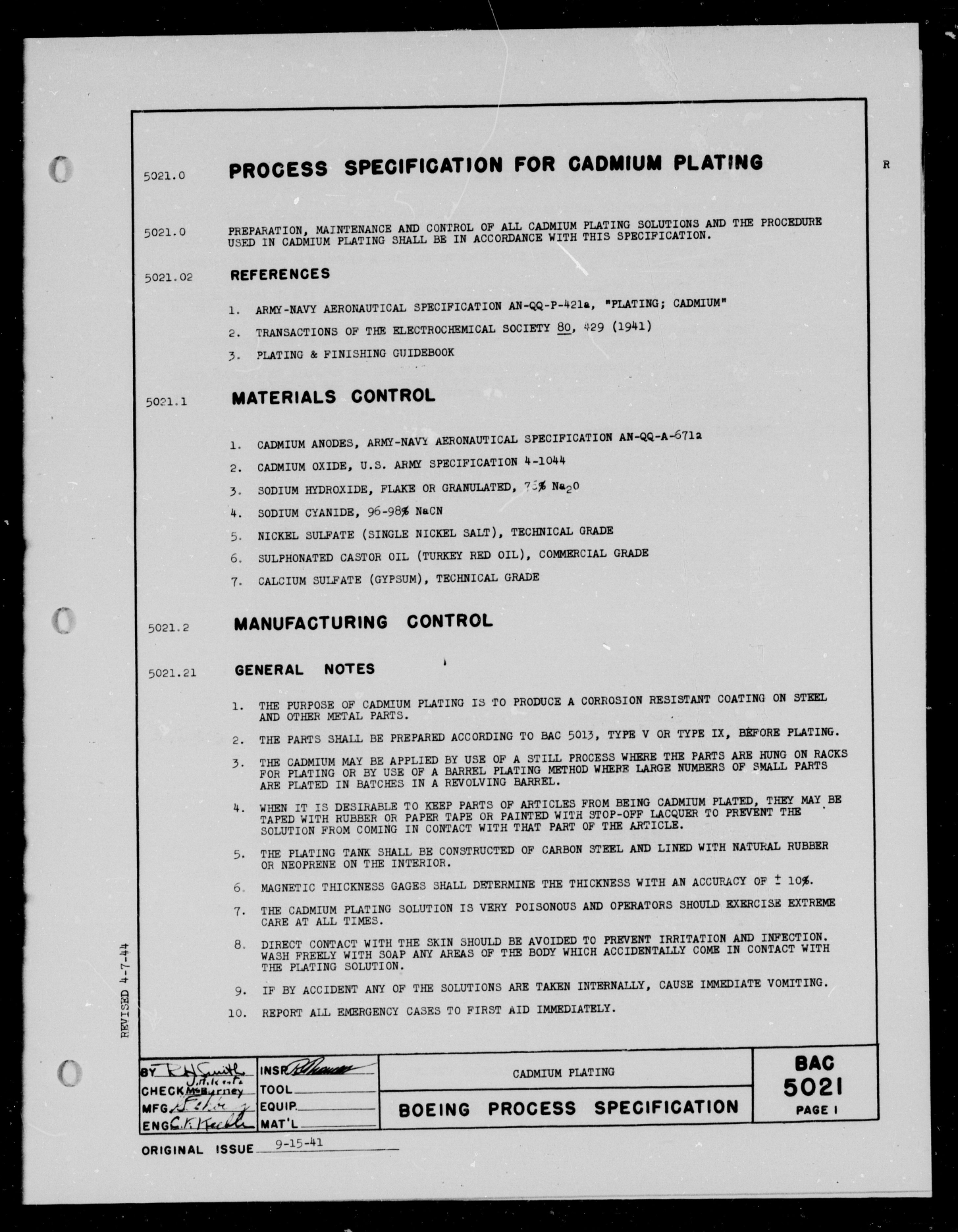 Sample page 1 from AirCorps Library document: Process Specification for Cadmium Plating