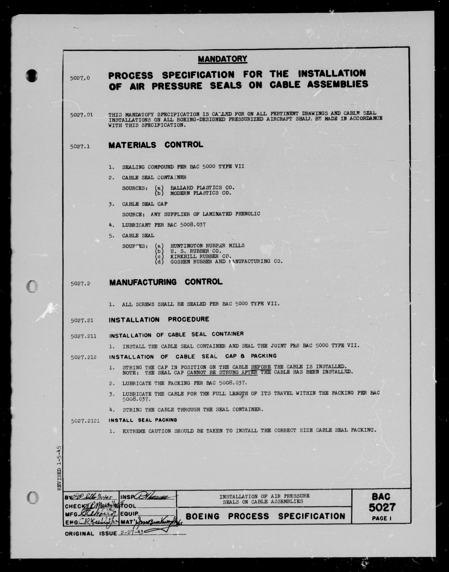 Sample page 1 from AirCorps Library document: Installation of Air Pressure Seals on Cable Assemblies