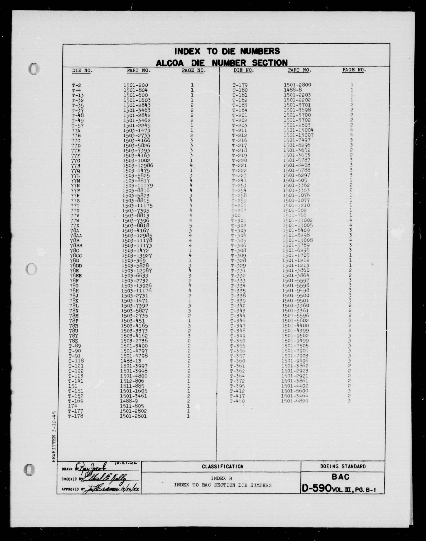 Sample page 1 from AirCorps Library document: Index to BAC Section Die Numbers - Index B