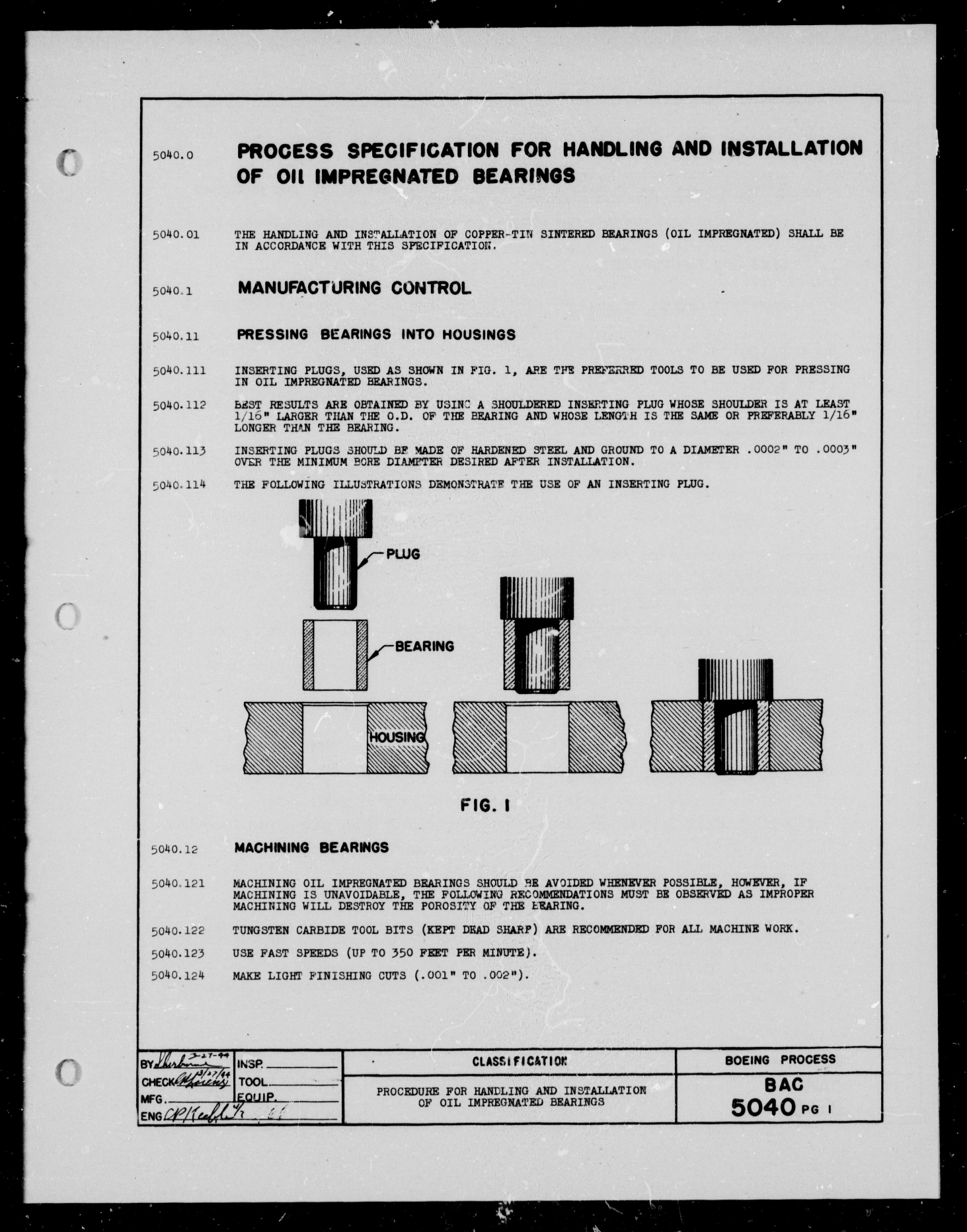 Sample page 1 from AirCorps Library document: Procedure for Handling and Installation of Oil Impregnated Bearings