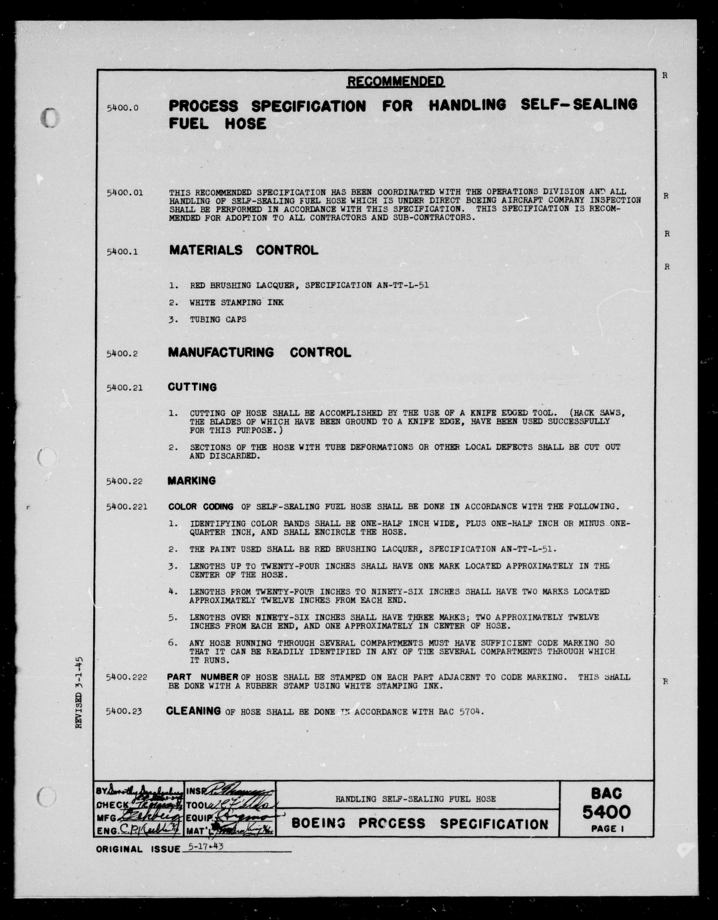 Sample page 1 from AirCorps Library document: Handling Self-Sealing Fuel Hose