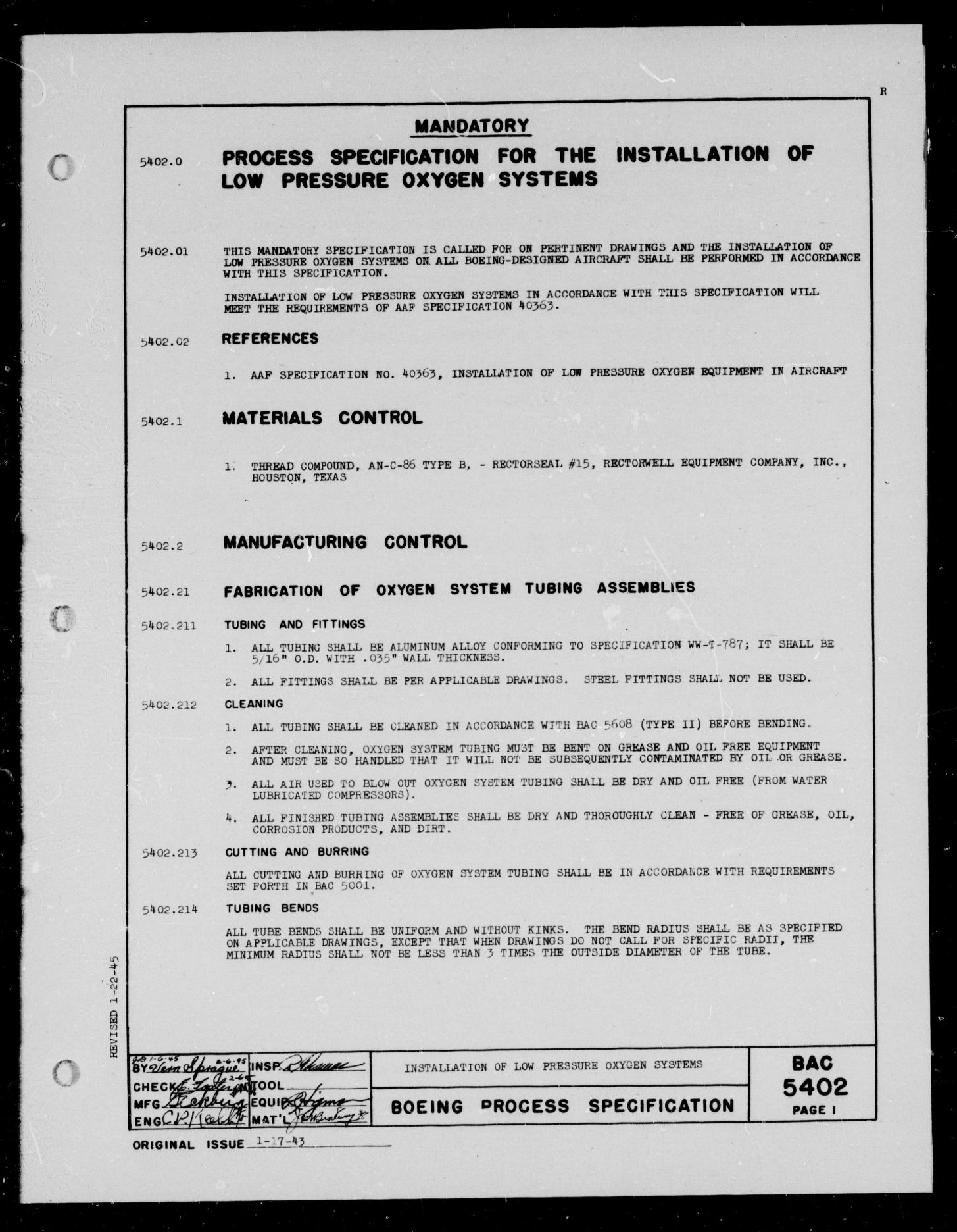 Sample page 1 from AirCorps Library document: Installation of Low Pressure Oxygen Systems