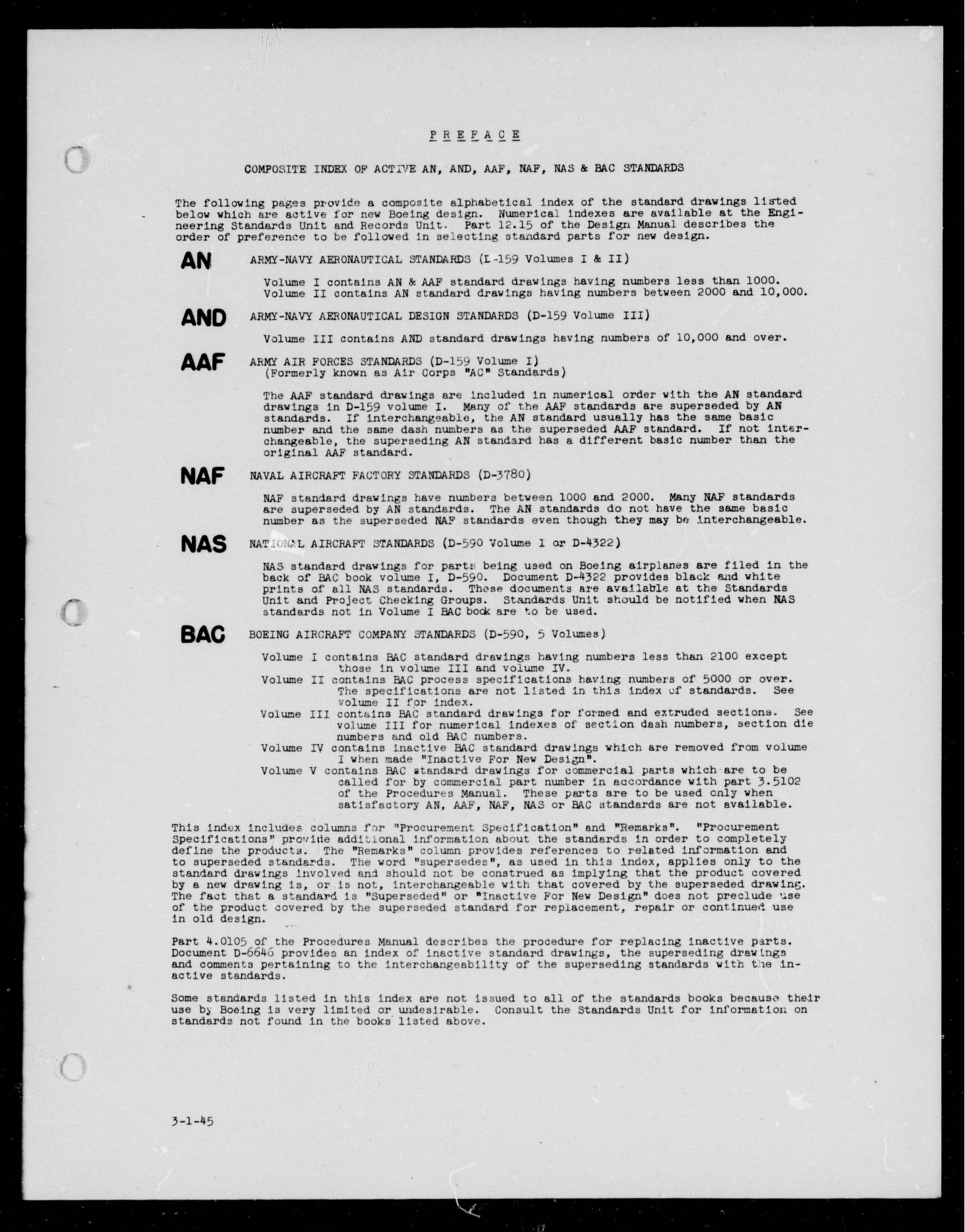 Sample page 1 from AirCorps Library document: Composite Index of Active AN, AND, AAF, NAF, NAS, & BAC Standards