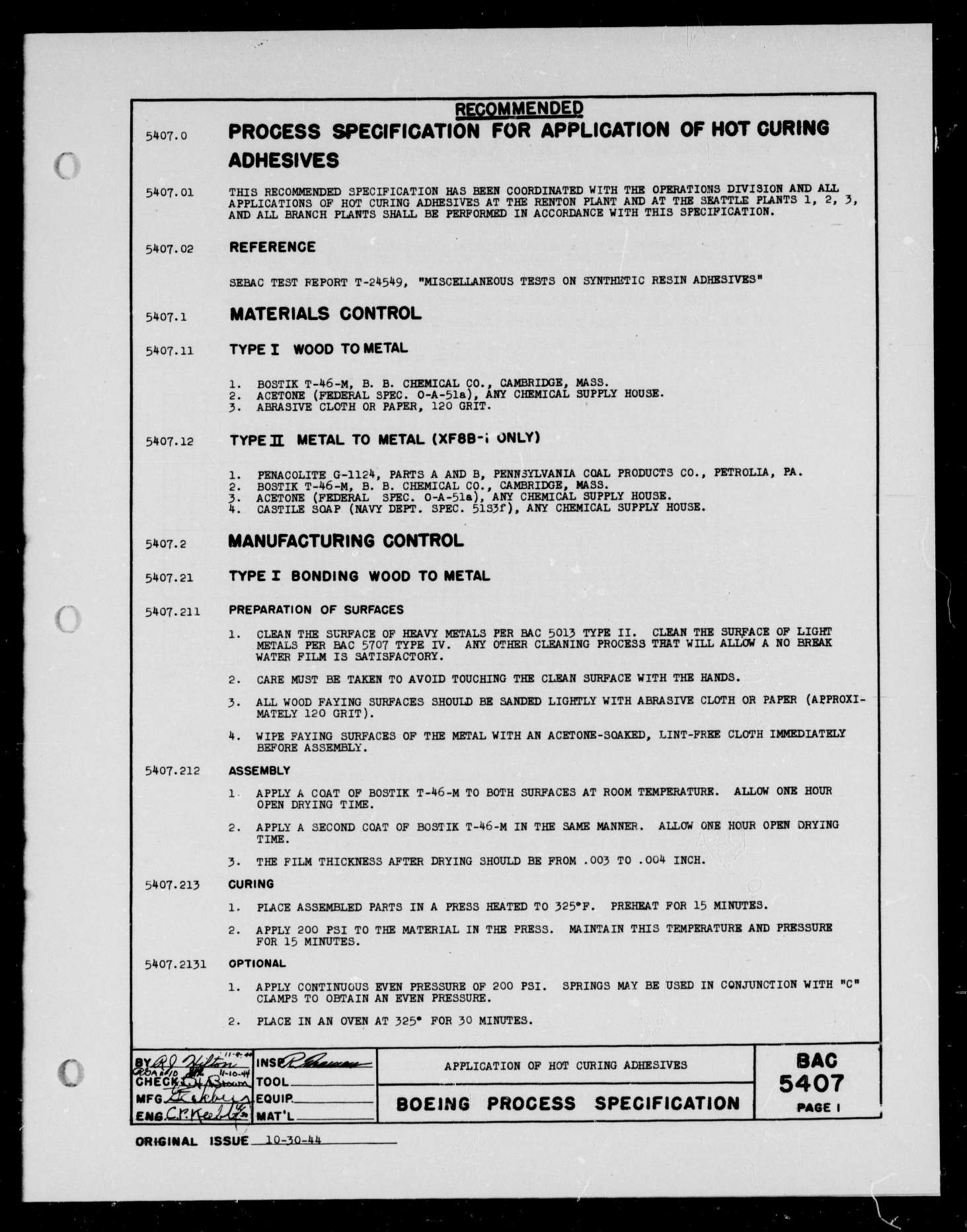 Sample page 1 from AirCorps Library document: Application of Hot Curing Adhesives