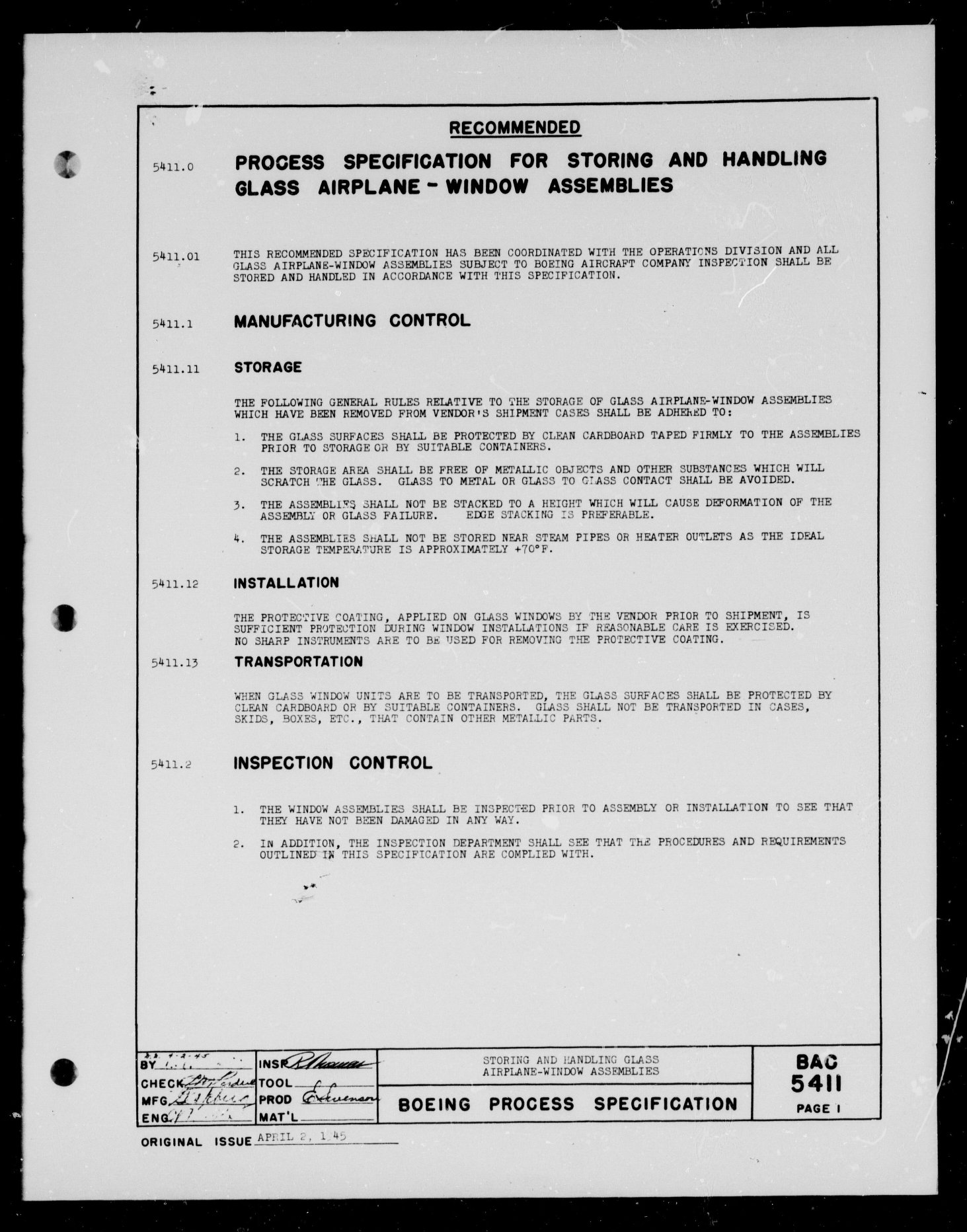 Sample page 1 from AirCorps Library document: Storing and Handling Glass Airplane Window Assemblies