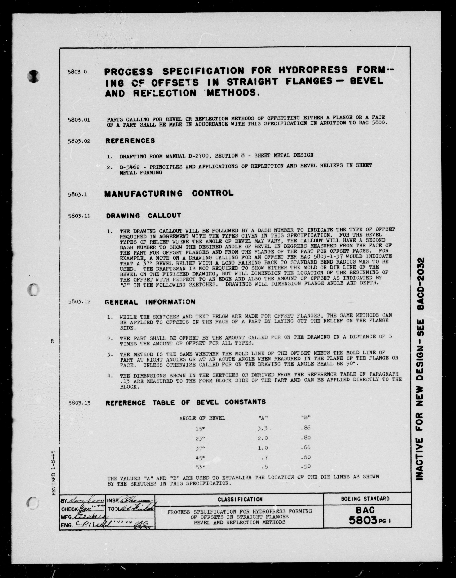 Sample page 1 from AirCorps Library document: Hydropress Forming of Offsets in Straight Flanges Bevel and Reflection Methods