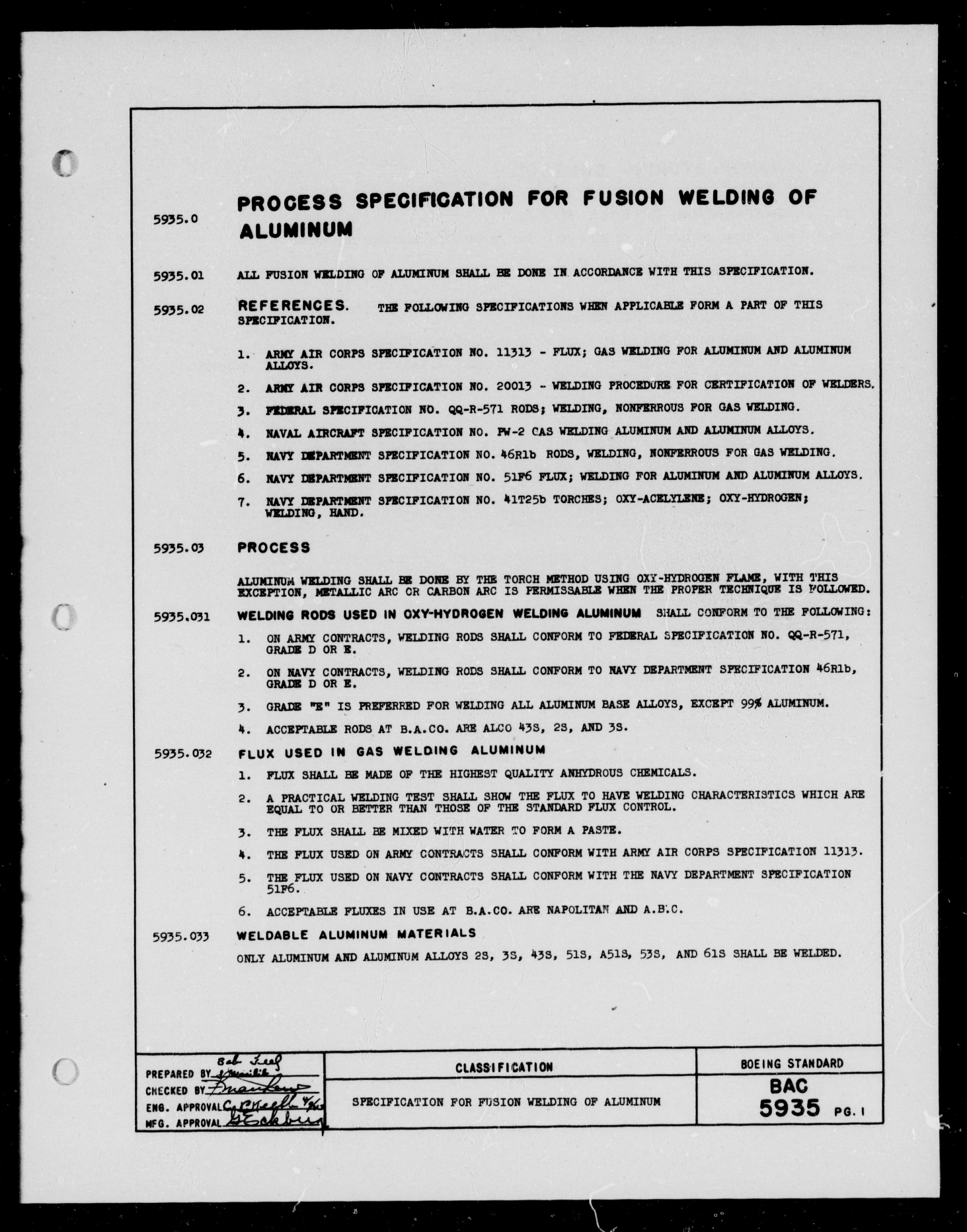 Sample page 1 from AirCorps Library document: Specification for Fusion Welding of Aluminum