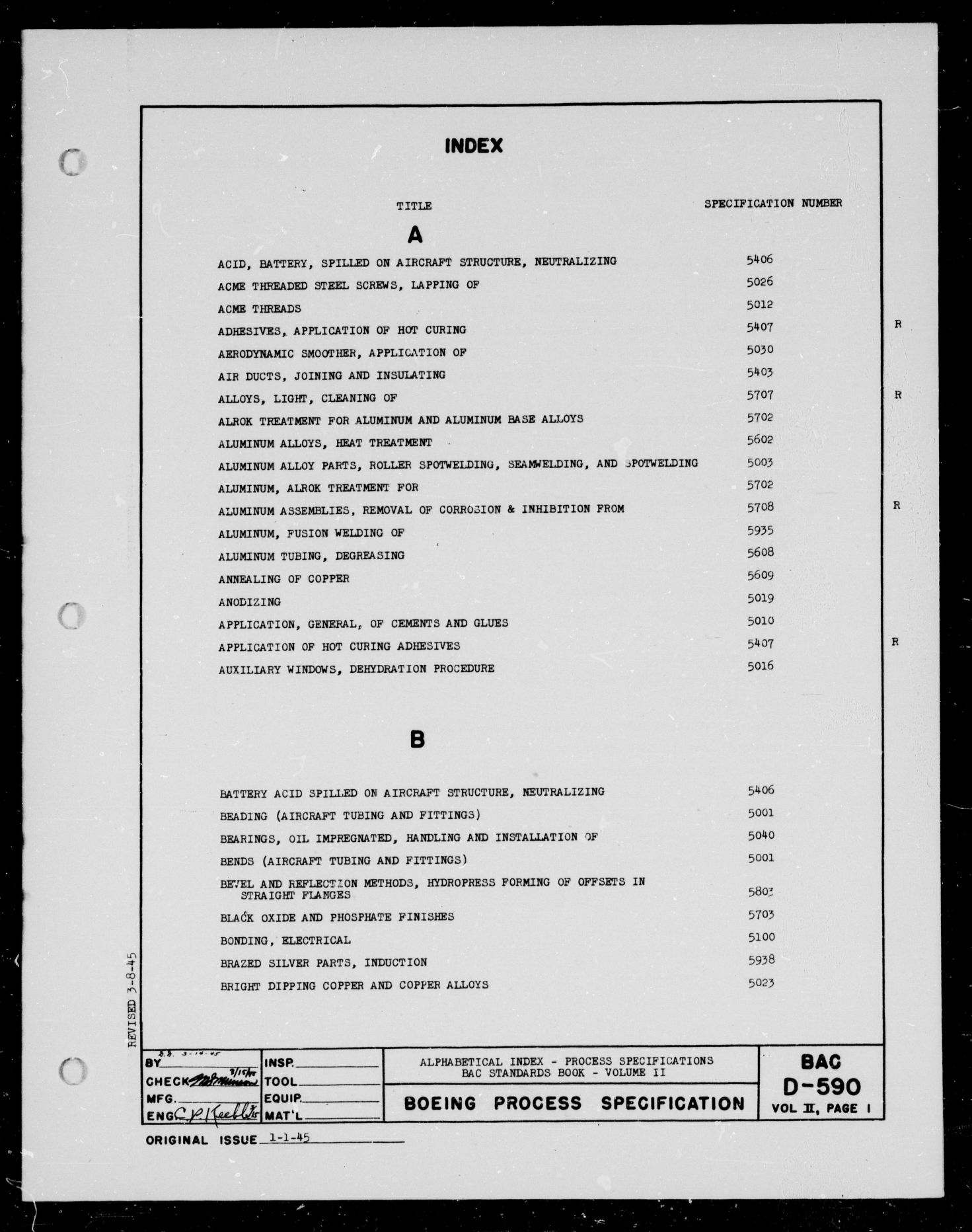Sample page 1 from AirCorps Library document: Alphabetical Index - Process Specifications BAC Standards Book - Volume II