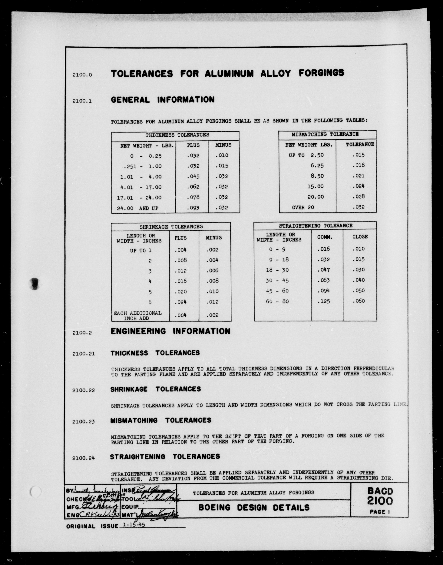 Sample page 1 from AirCorps Library document: Tolerances for Aluminum Alloy Forgings