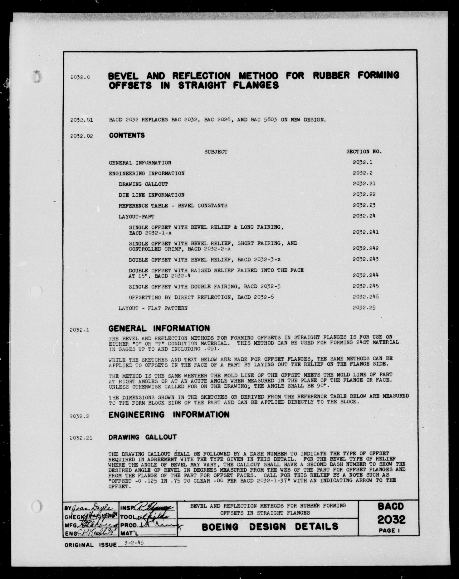 Sample page 1 from AirCorps Library document: Bevel and Reflection Methods for Rubber Forming Offsets in Straight Flanges