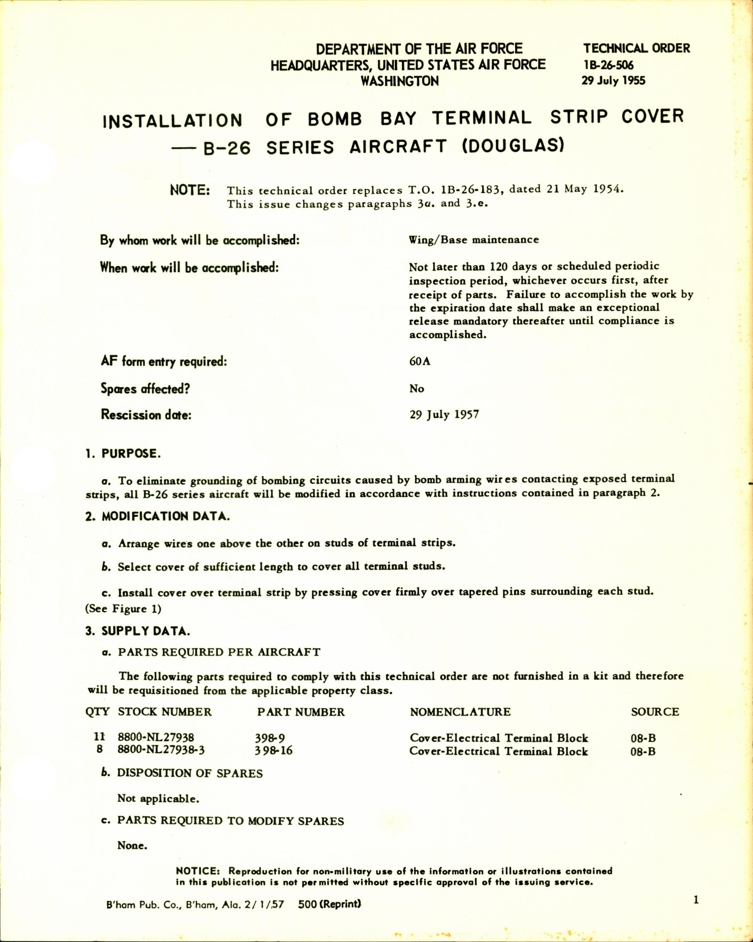 Sample page 1 from AirCorps Library document: Installation of Bomb Bay Terminal Strip Cover for B-26
