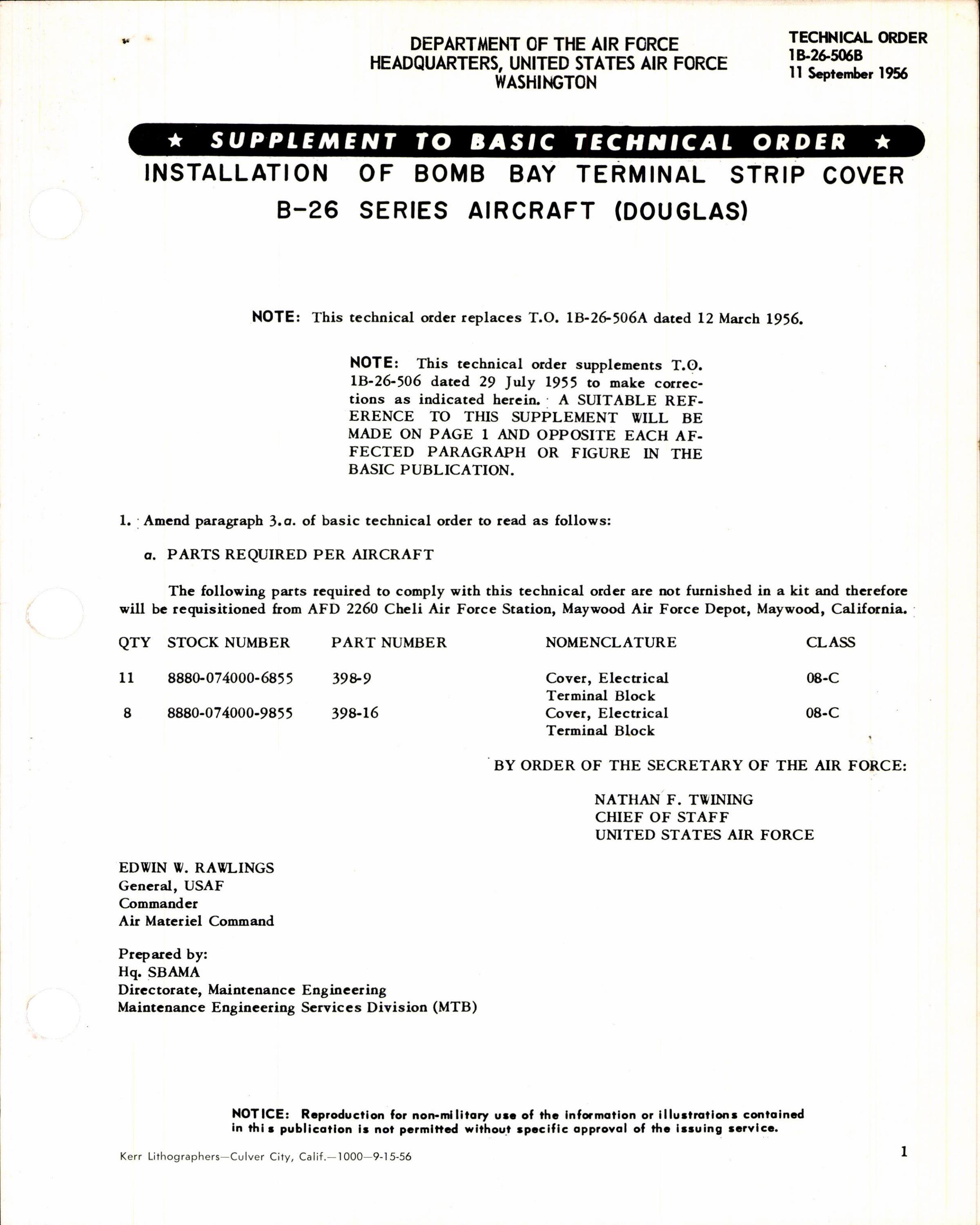 Sample page 1 from AirCorps Library document: Installation of Bomb Bay Terminal Strip Cover B-26 Series