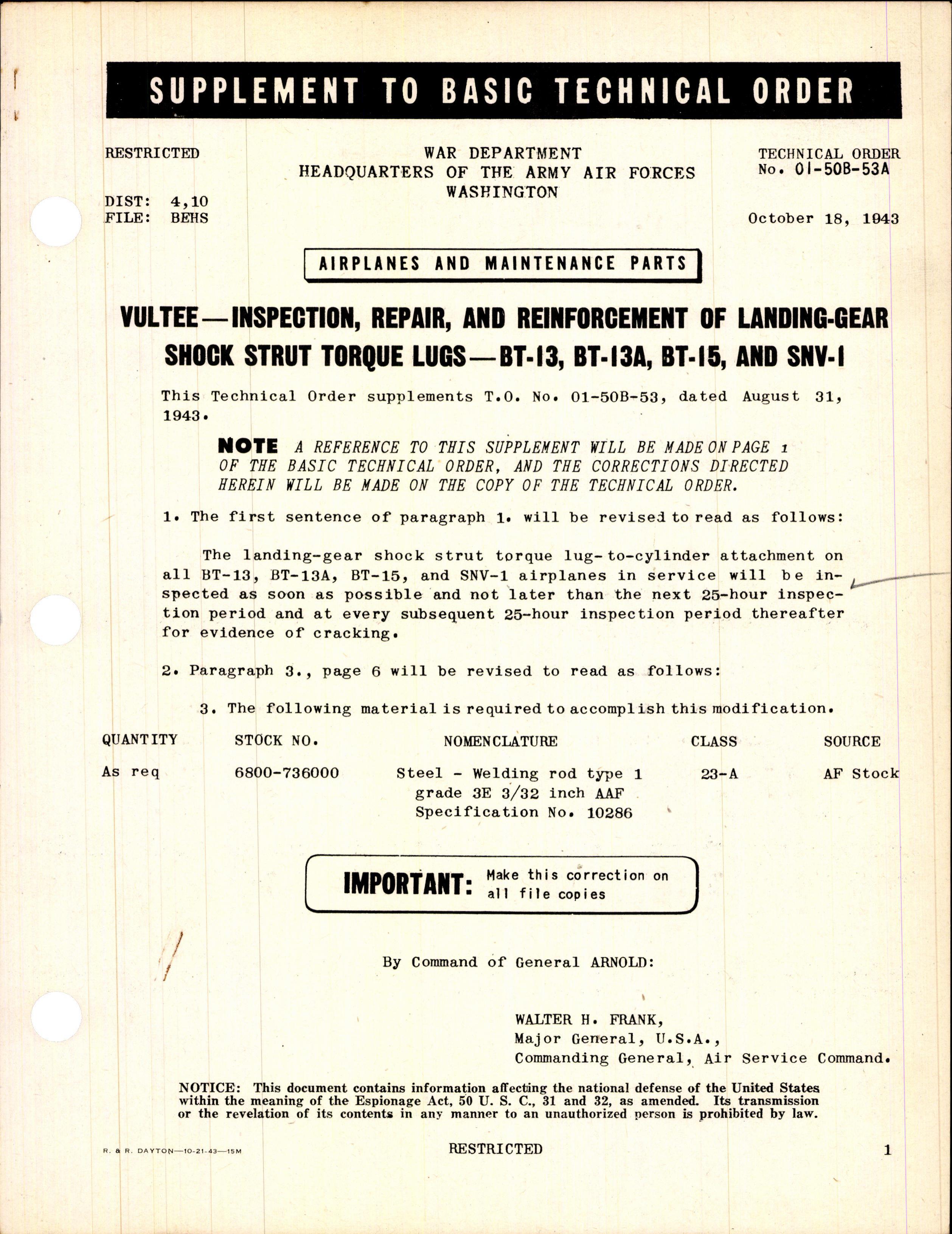 Sample page 1 from AirCorps Library document: Inspection, Repair, and Reinforcement of Landing-Gear Shock Strut Torque Lugs for BT-13, BT-13A, BT-15 and SNV-1