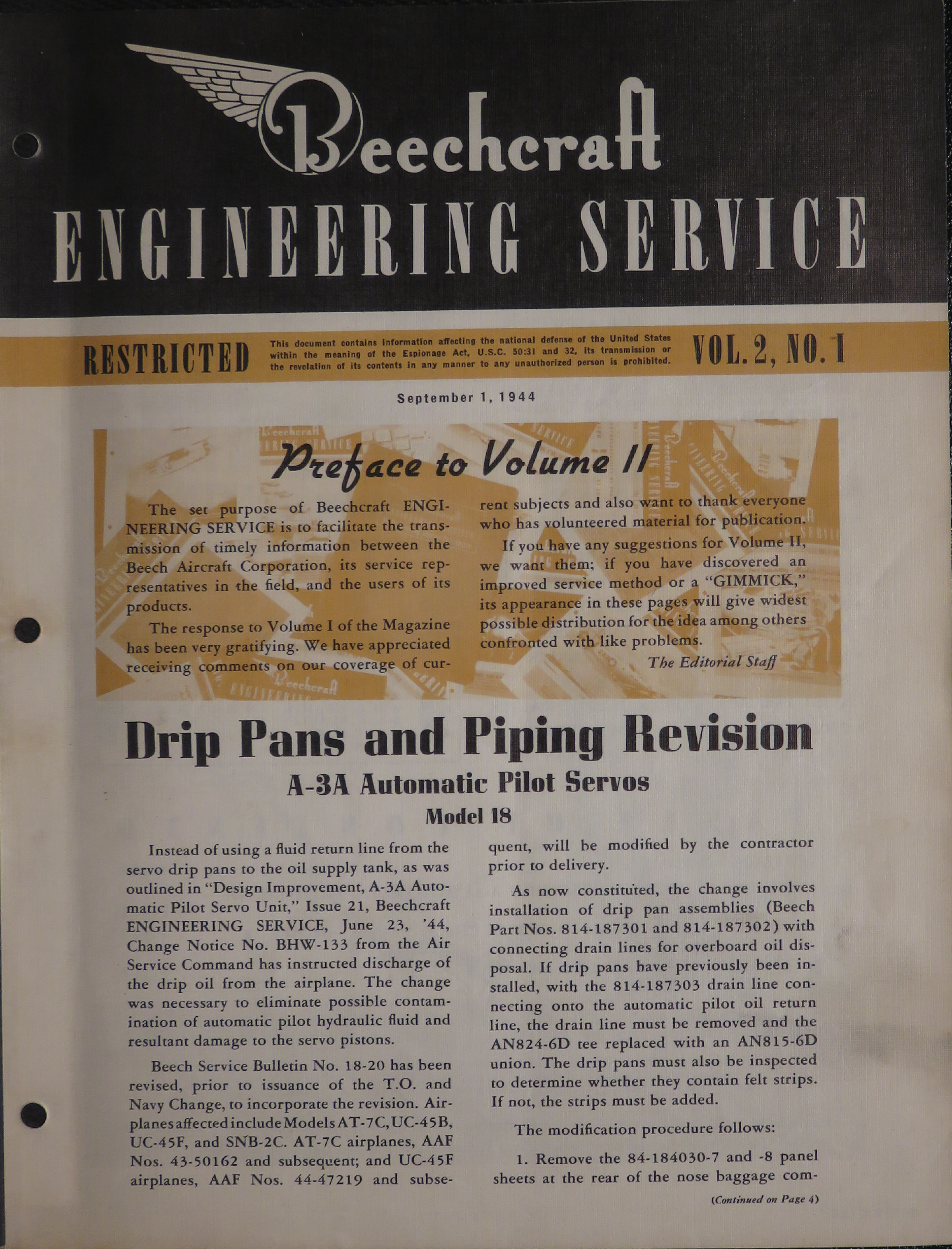 Sample page 1 from AirCorps Library document: Vol. II, No. 1 - Beechcraft Engineering Service