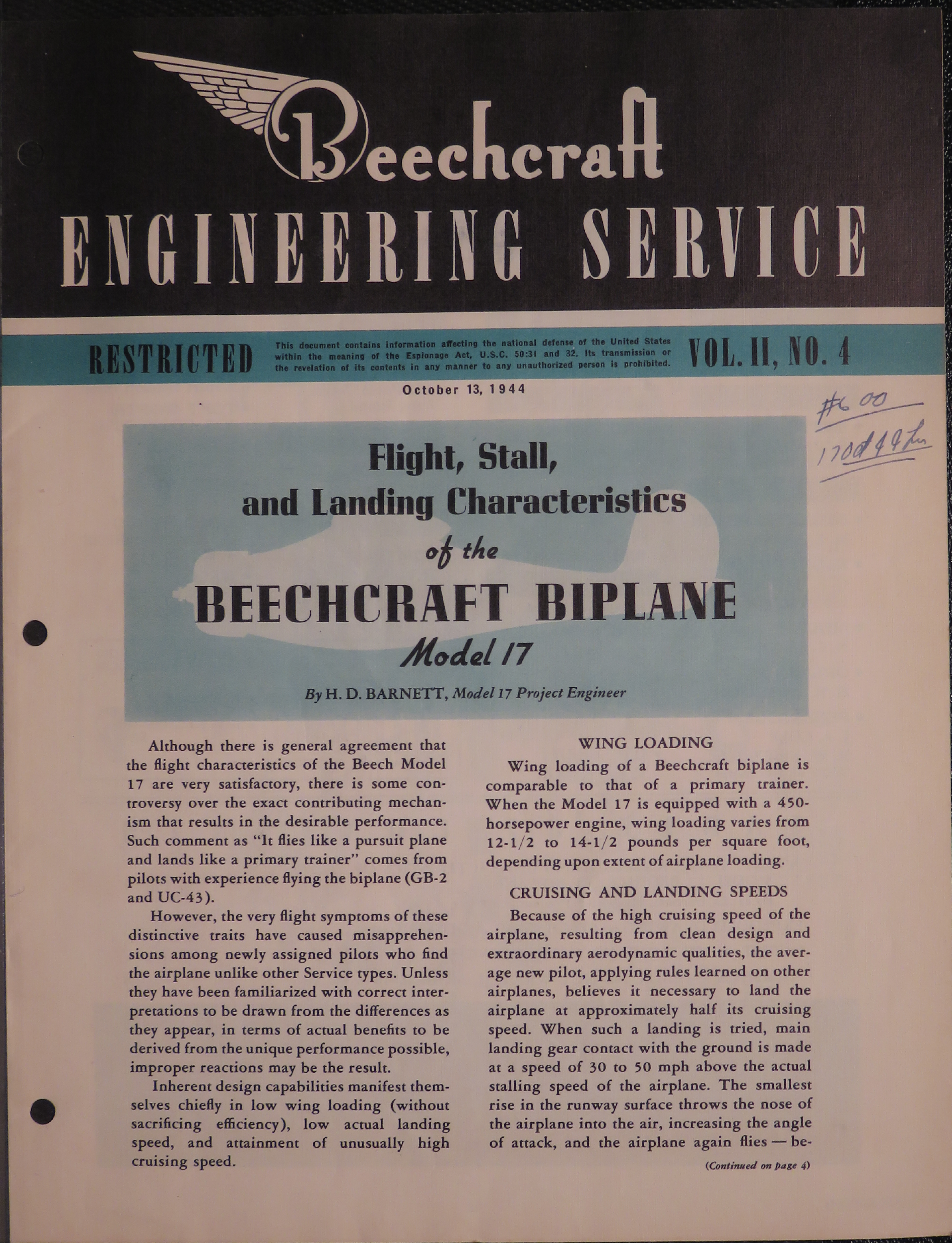 Sample page 1 from AirCorps Library document: Vol. II, No. 4 - Beechcraft Engineering Service