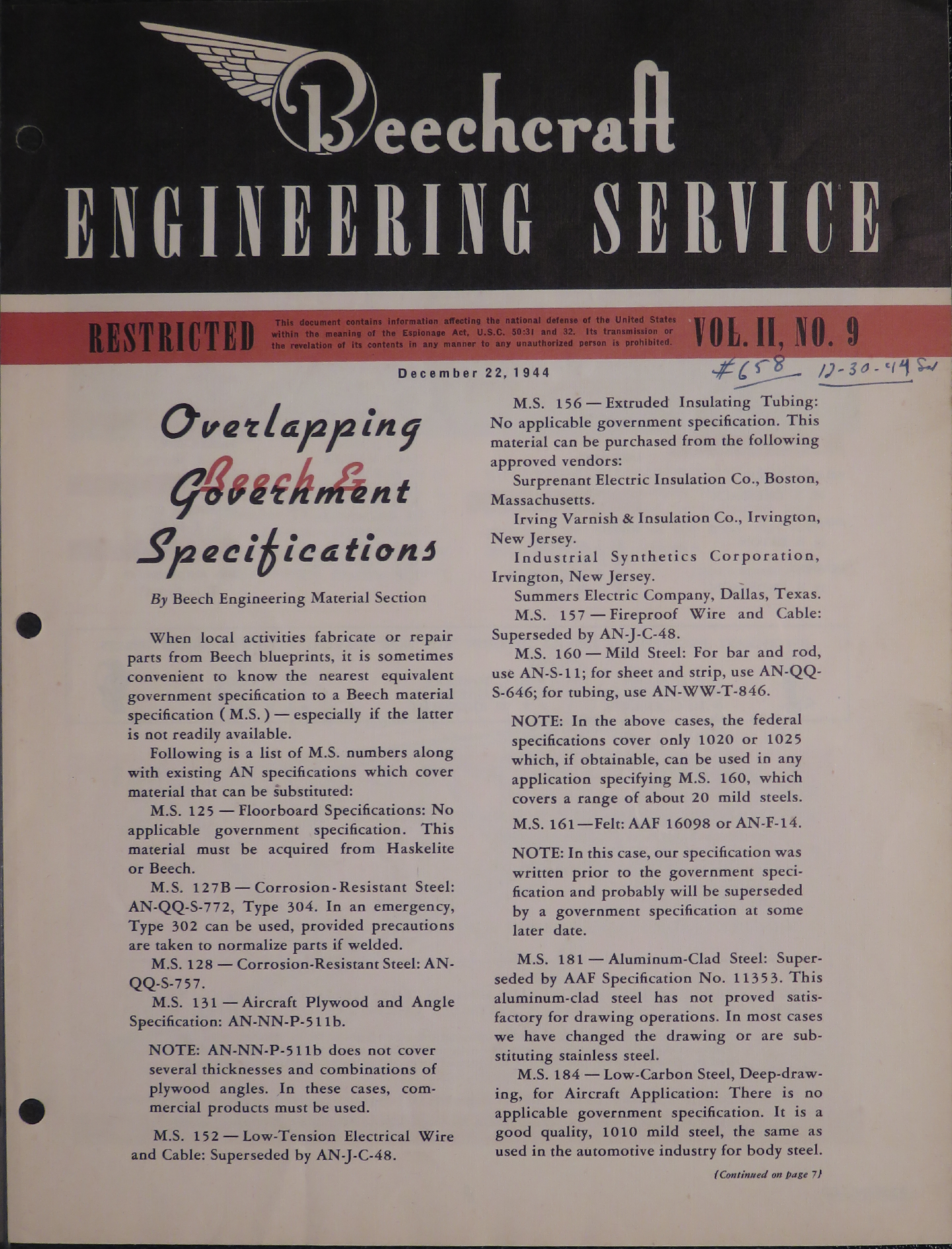 Sample page 1 from AirCorps Library document: Vol. II, No. 9 - Beechcraft Engineering Service