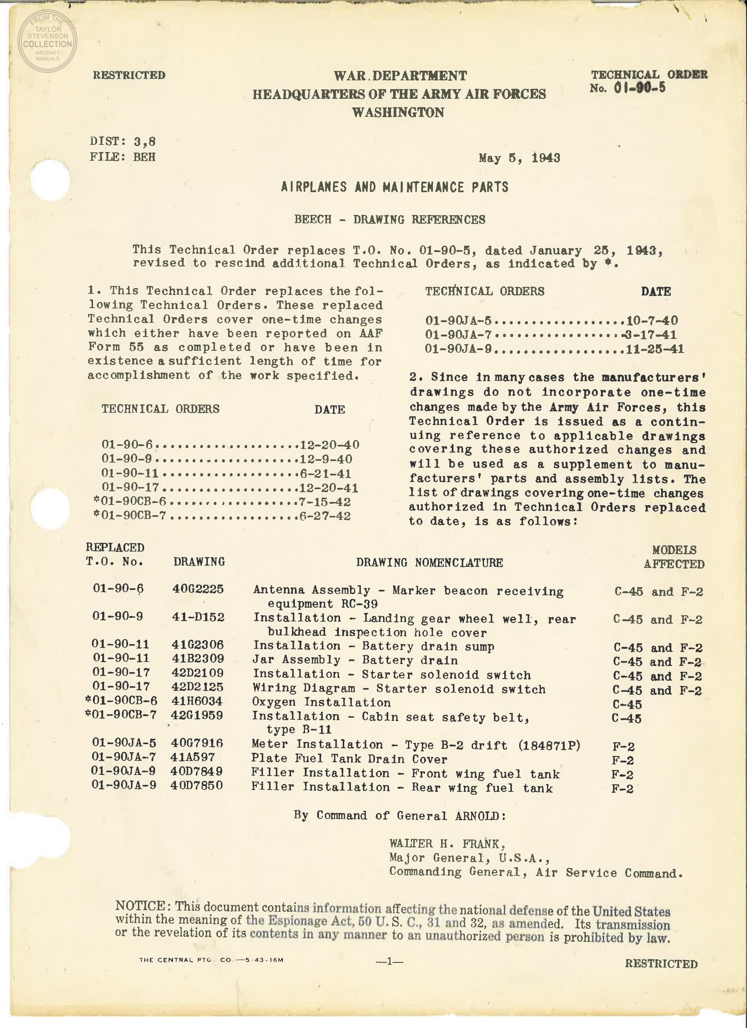 Sample page 1 from AirCorps Library document: Beech Technical Orders - 01-90-5 through 01-90-68