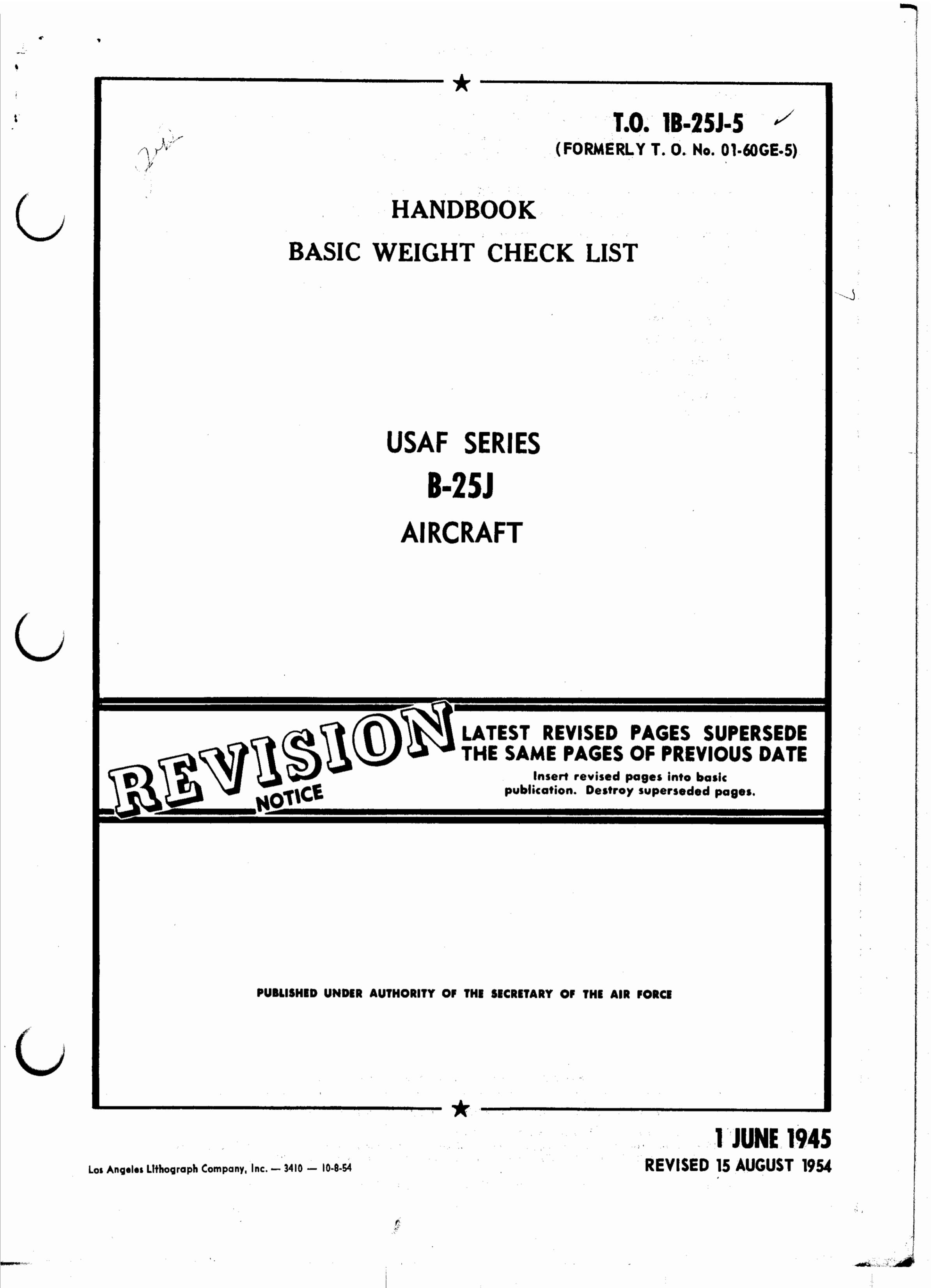 Sample page 1 from AirCorps Library document: Basic Weight Check List and Loading Data - B-25J