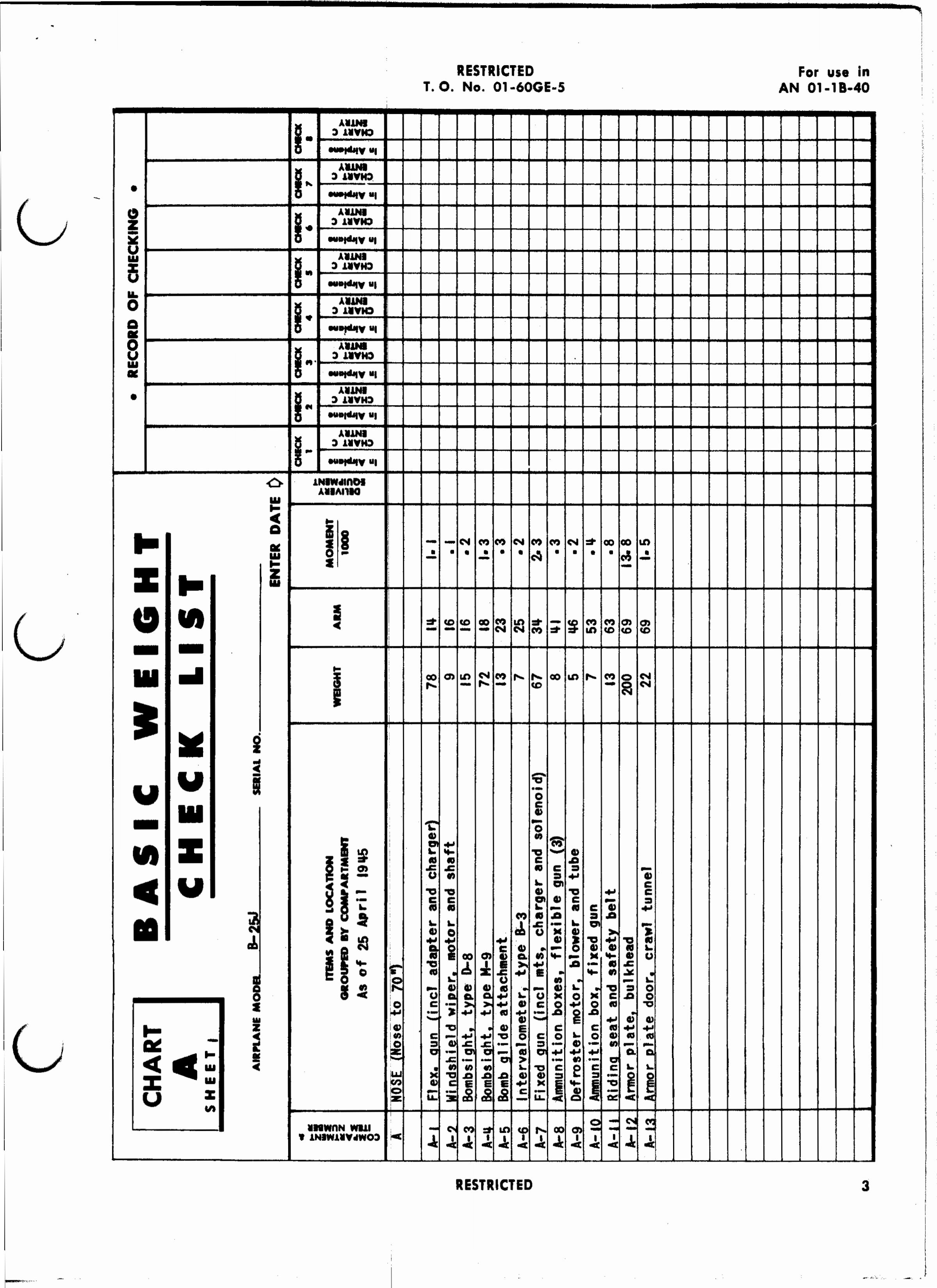 Sample page 5 from AirCorps Library document: Basic Weight Check List and Loading Data - B-25J