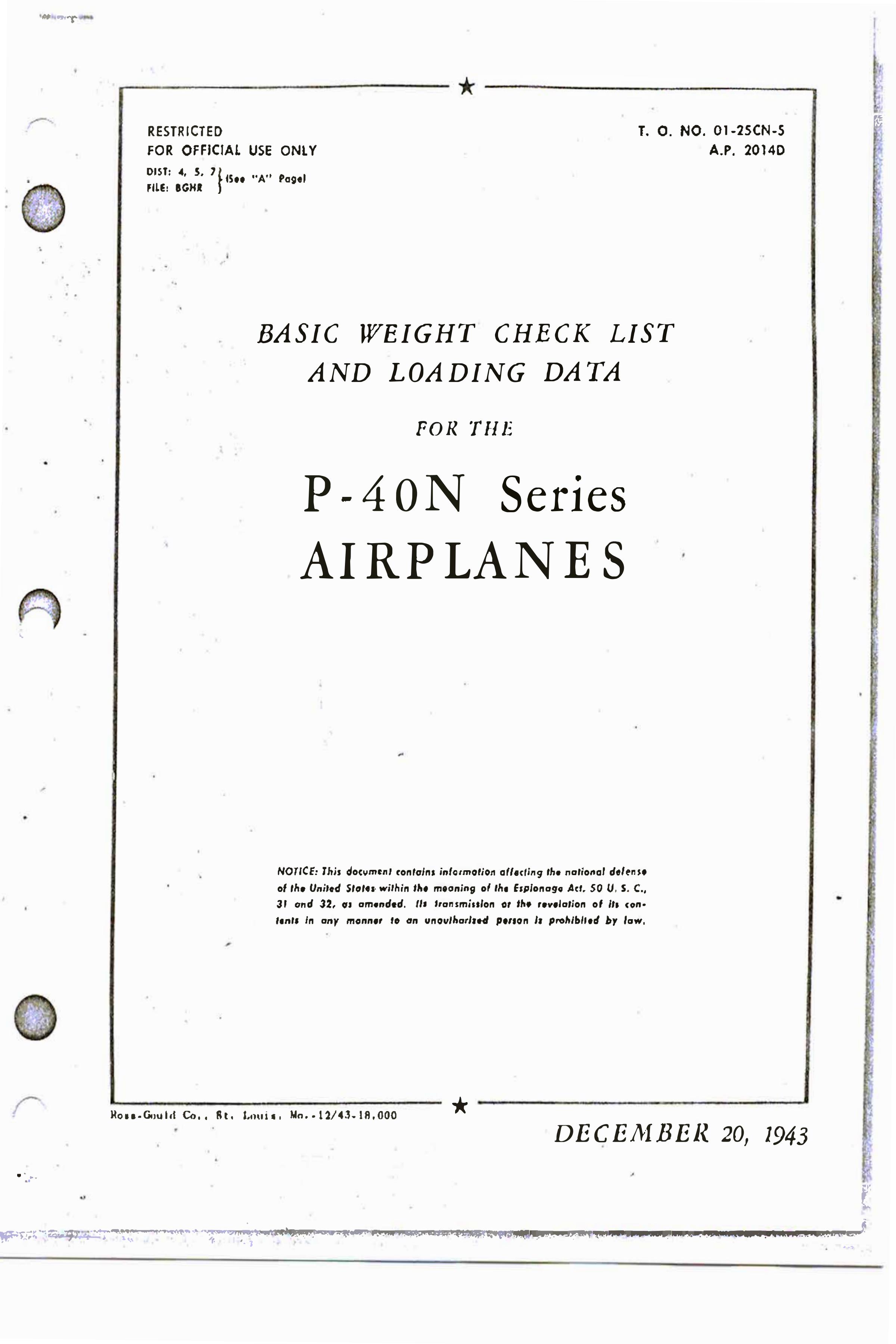 Sample page 1 from AirCorps Library document: Basic Weight Check List and Loading Data - P-40N