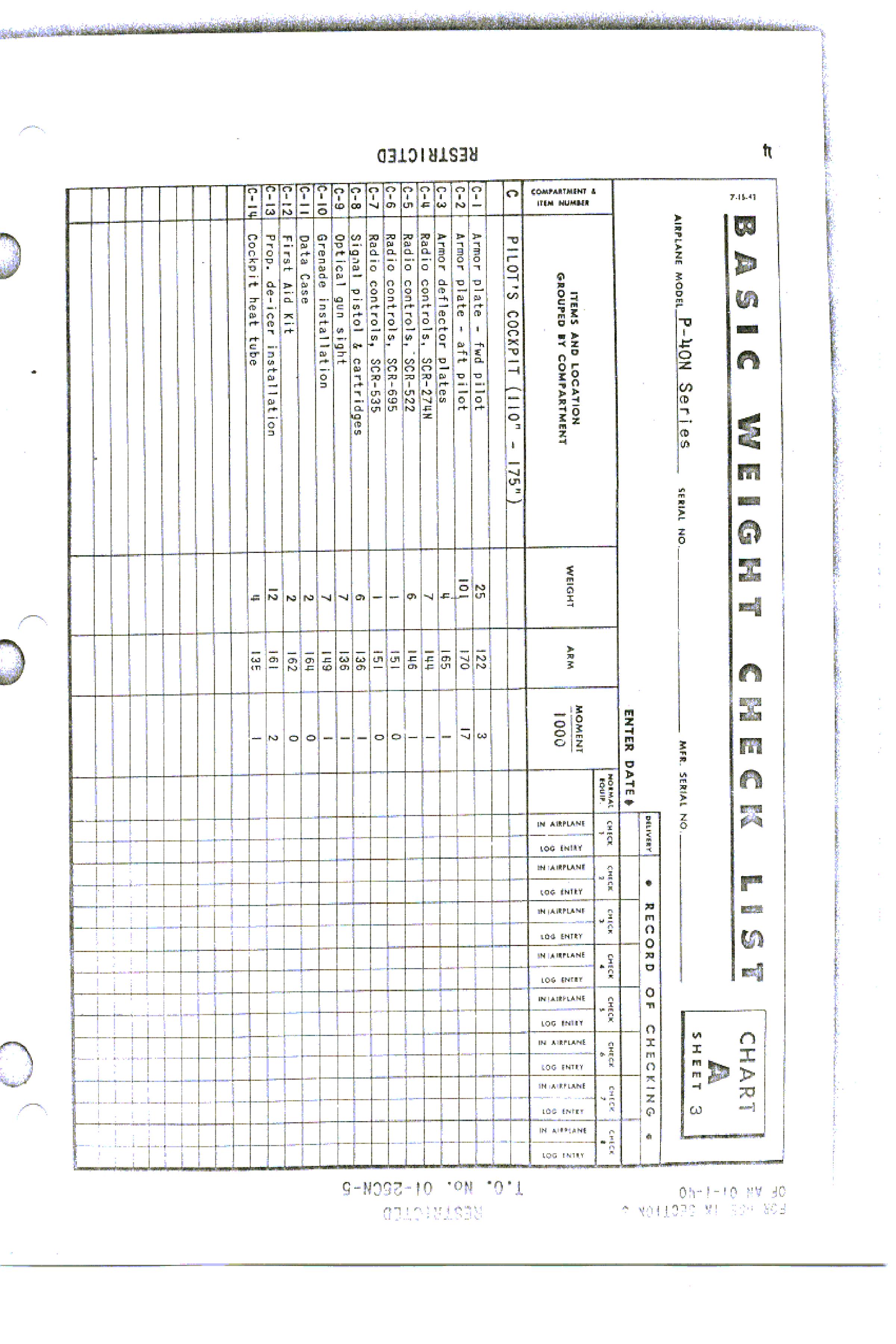 Sample page 6 from AirCorps Library document: Basic Weight Check List and Loading Data - P-40N