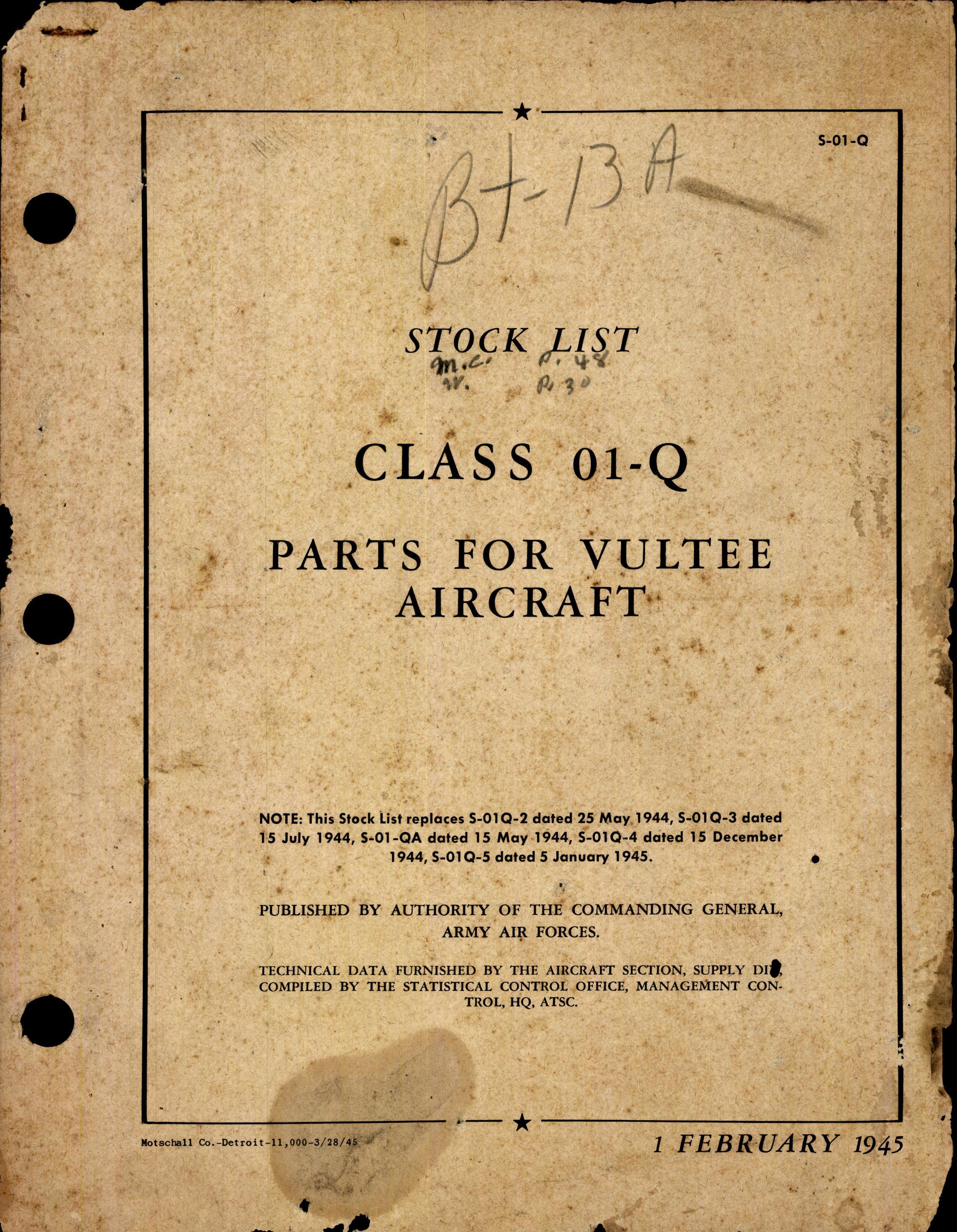 Sample page 1 from AirCorps Library document: Stock List for Class 01-Q Parts for Vultee Aircraft