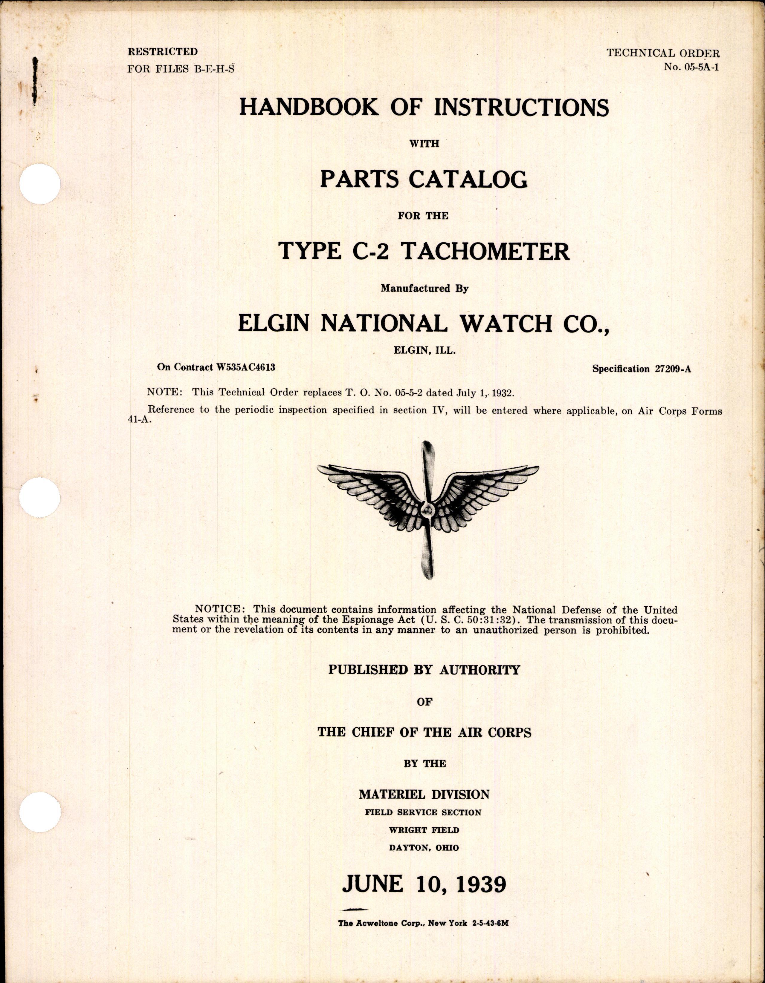 Sample page 1 from AirCorps Library document: Handbook of Instructions with Parts Catalog for the Type C-2 Tachometer