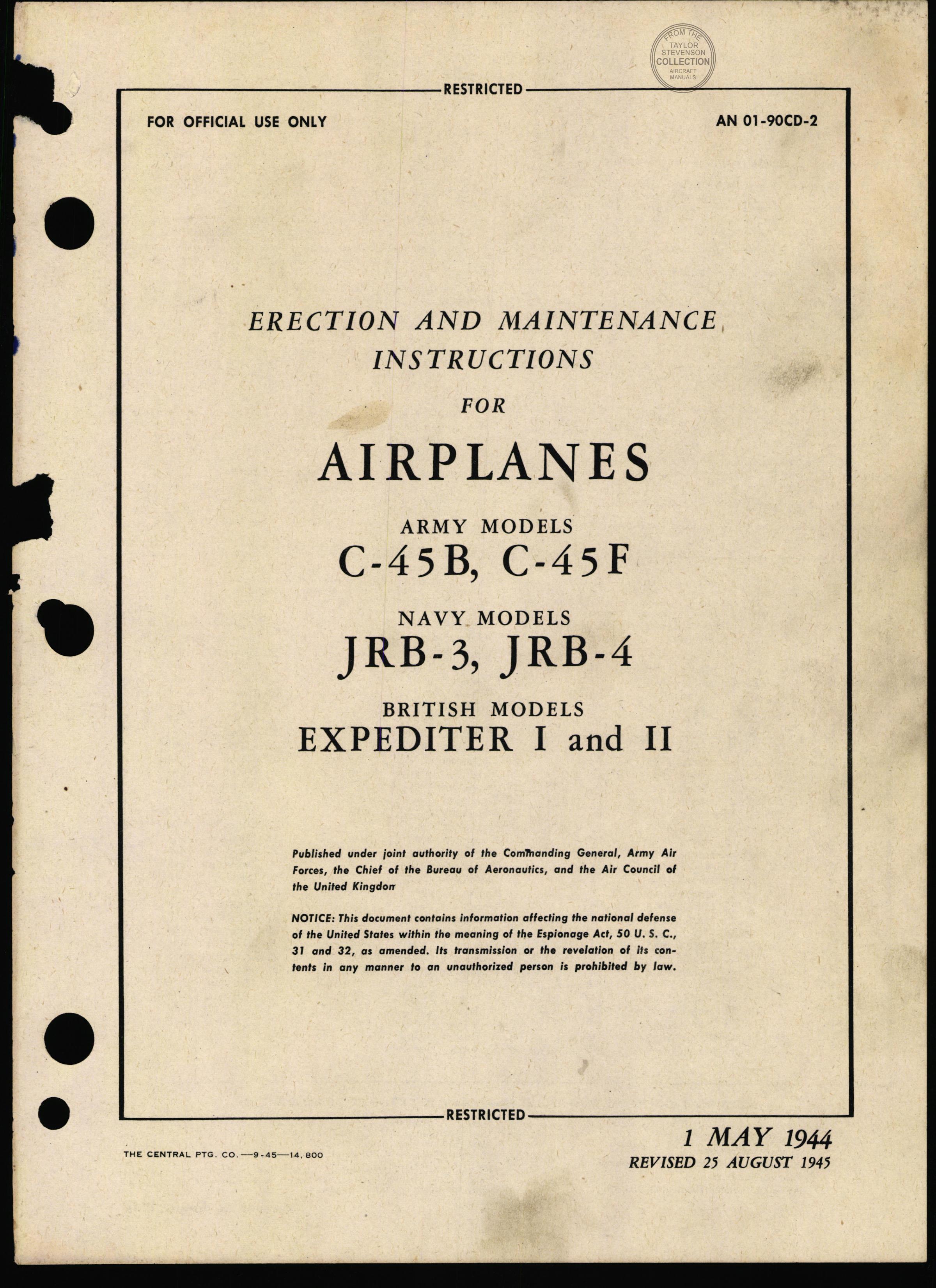 Sample page 1 from AirCorps Library document: Erection & Maintenance Instructions - C-45B - C-45F