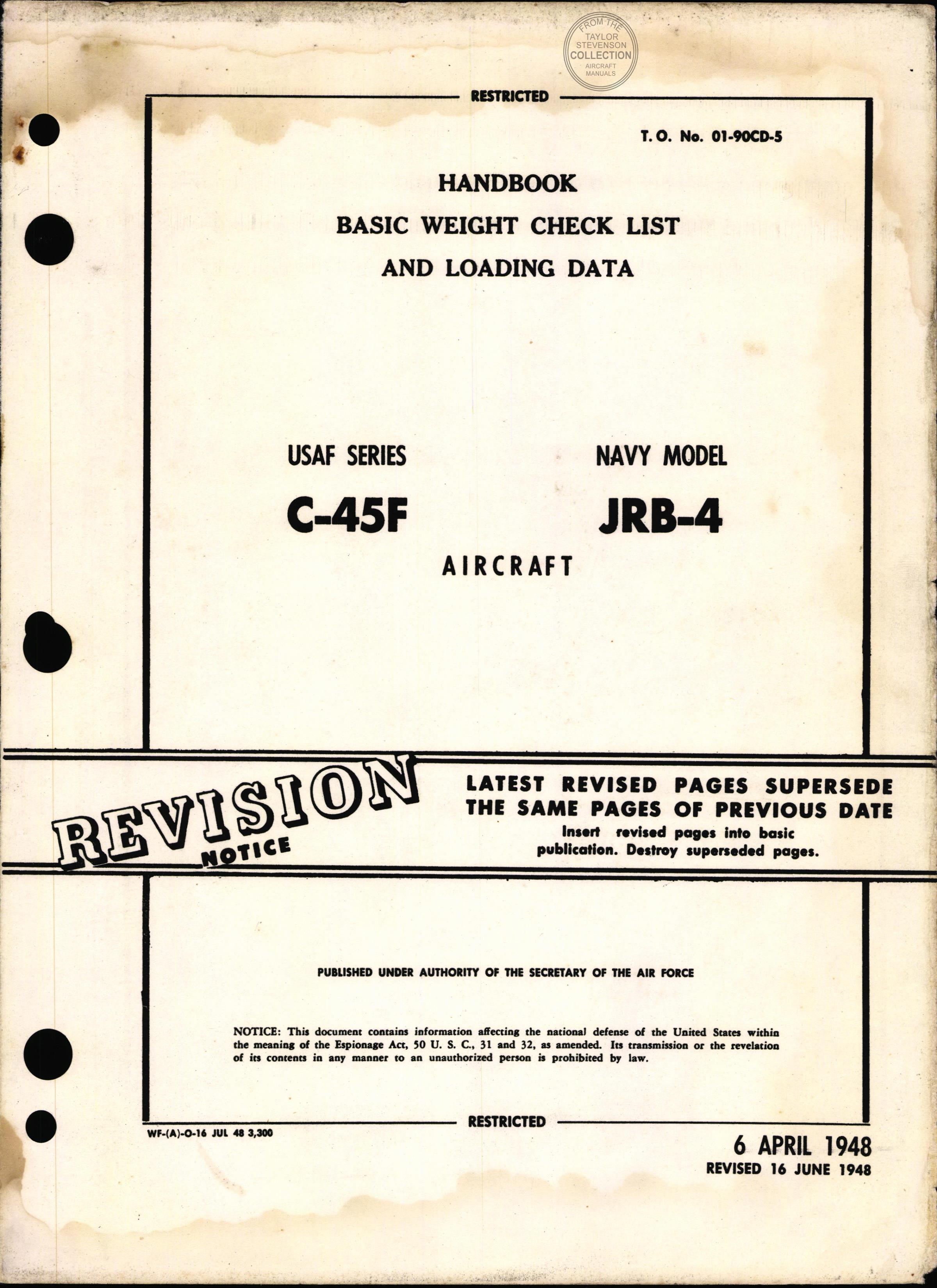 Sample page 1 from AirCorps Library document: Basic Weight Check List & Loading Data - C-45F