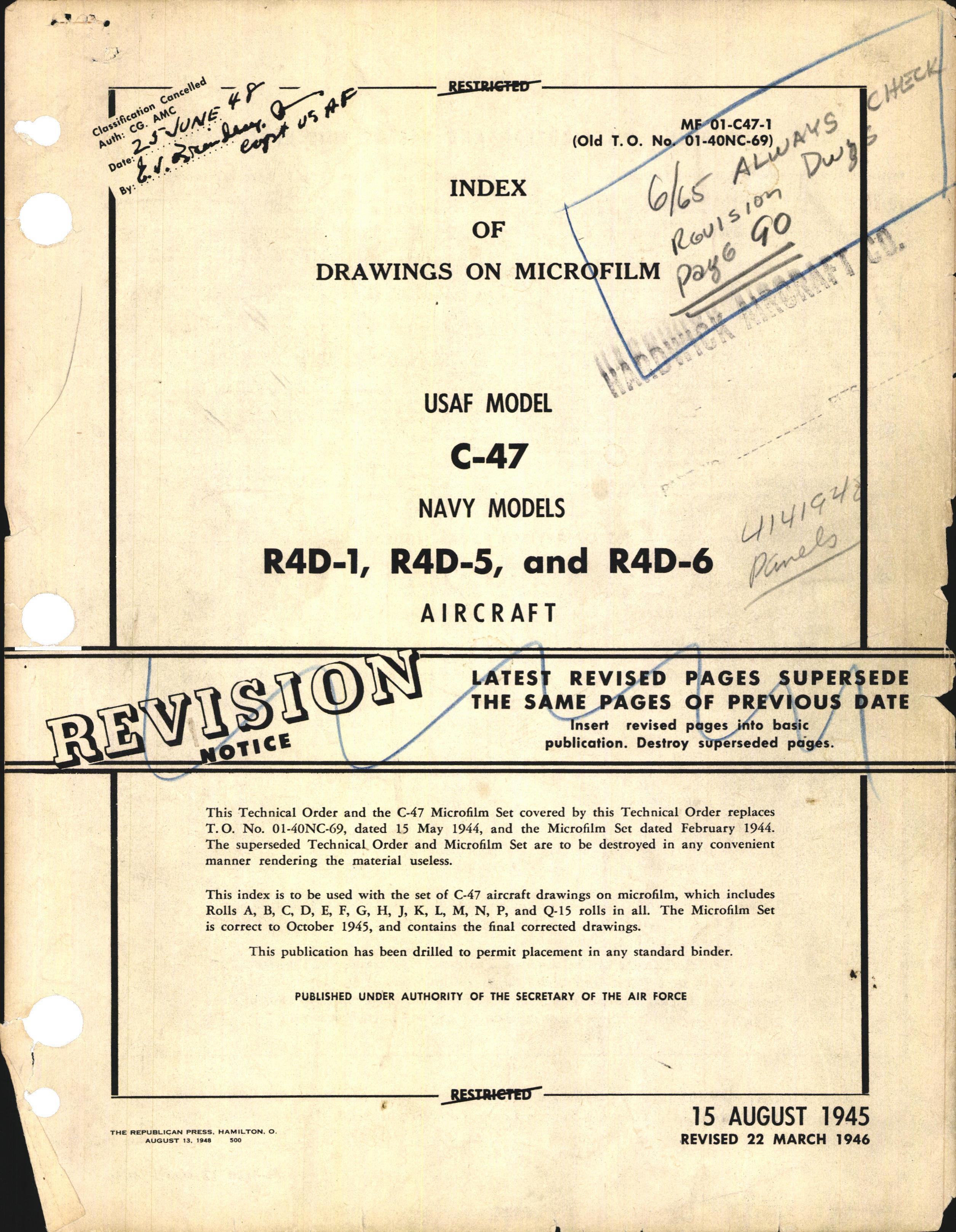 Sample page 1 from AirCorps Library document: Index of Drawings on Microfilm for C-47