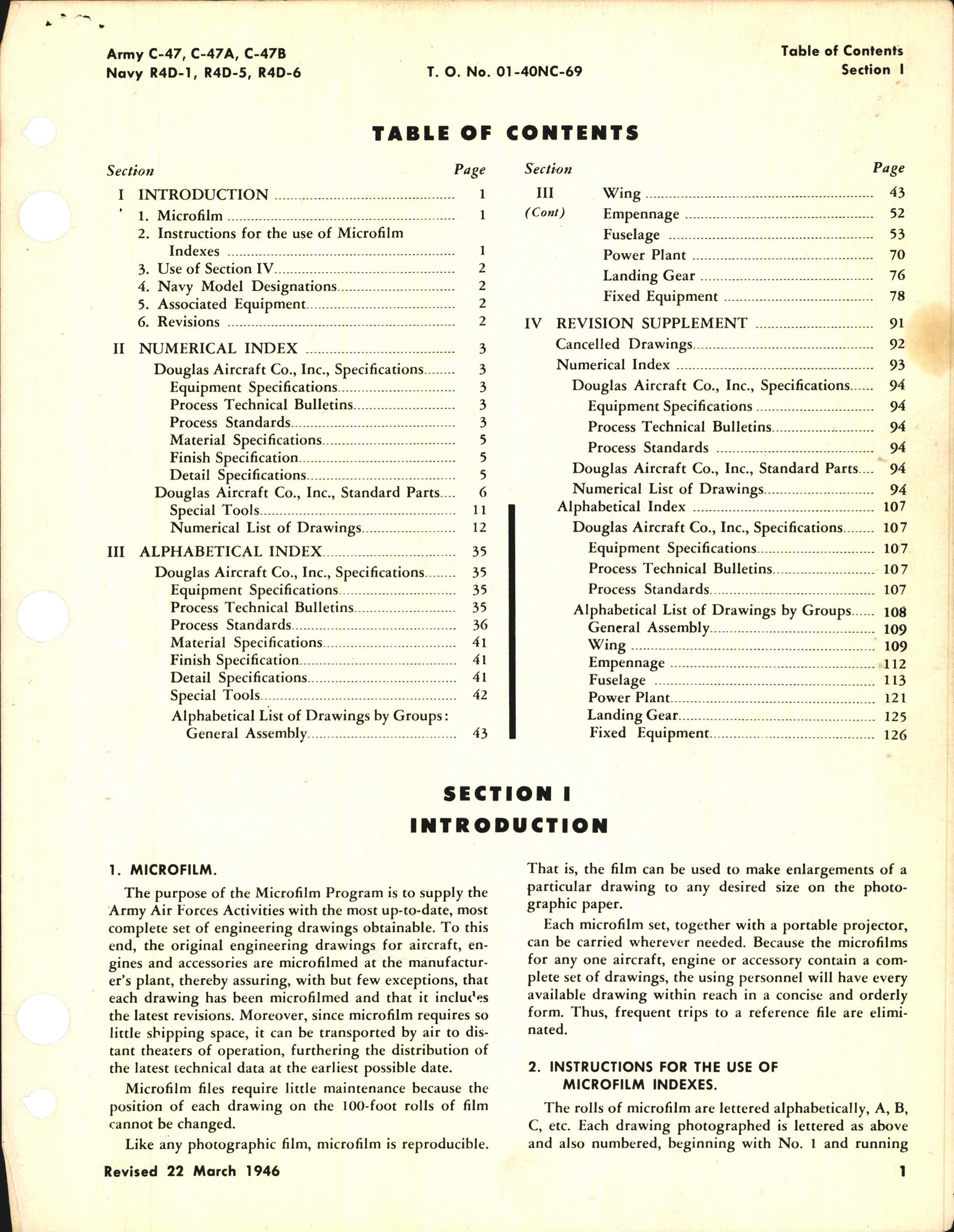 Sample page 5 from AirCorps Library document: Index of Drawings on Microfilm for C-47