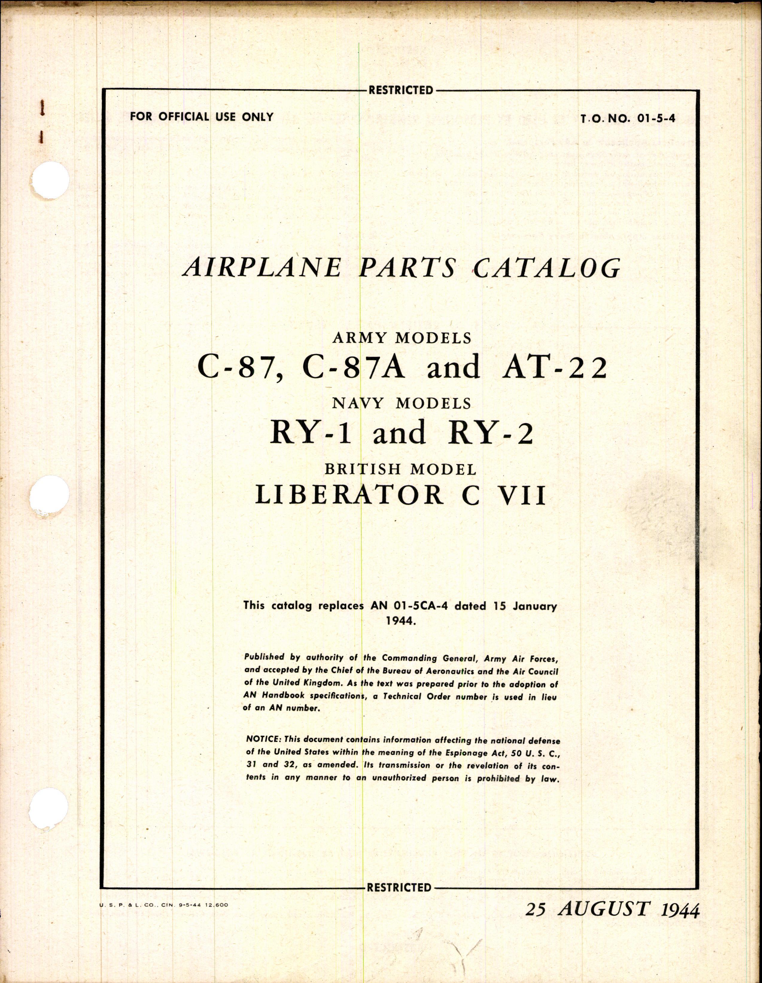 Sample page 1 from AirCorps Library document: Airplane Parts Catalog - C-87, C-87A, AT-22, RY-1 & RY-2