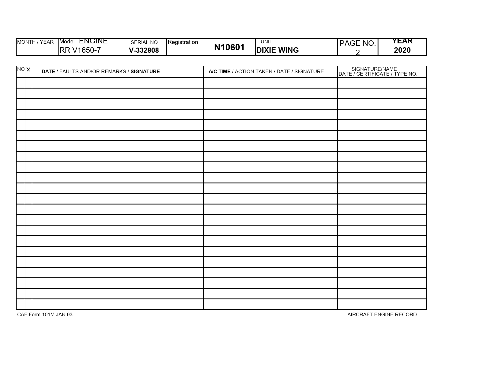 Sample page 1 from AirCorps Library document: Engine Maintenance Log Form
