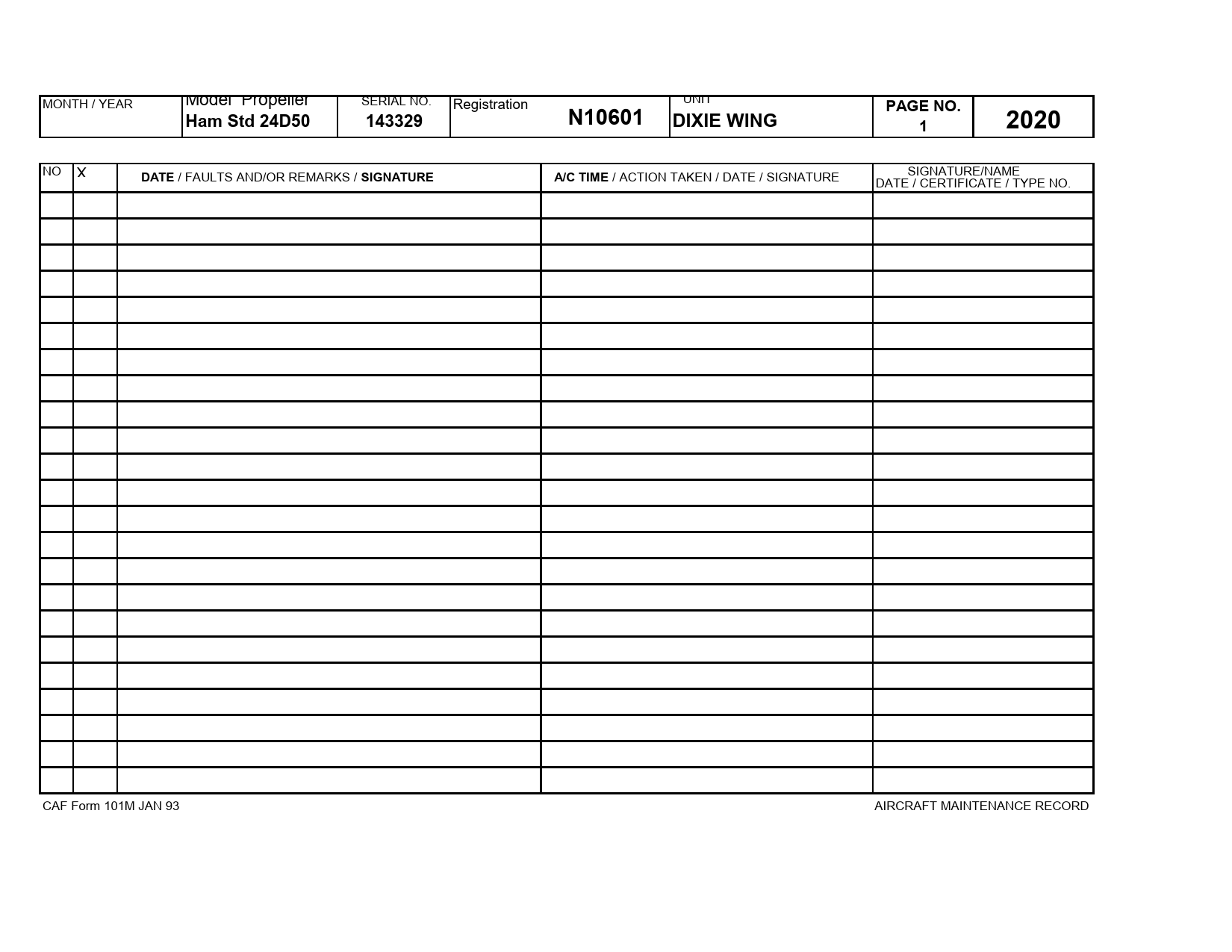 Sample page 1 from AirCorps Library document: Propeller Maintenance Log Form