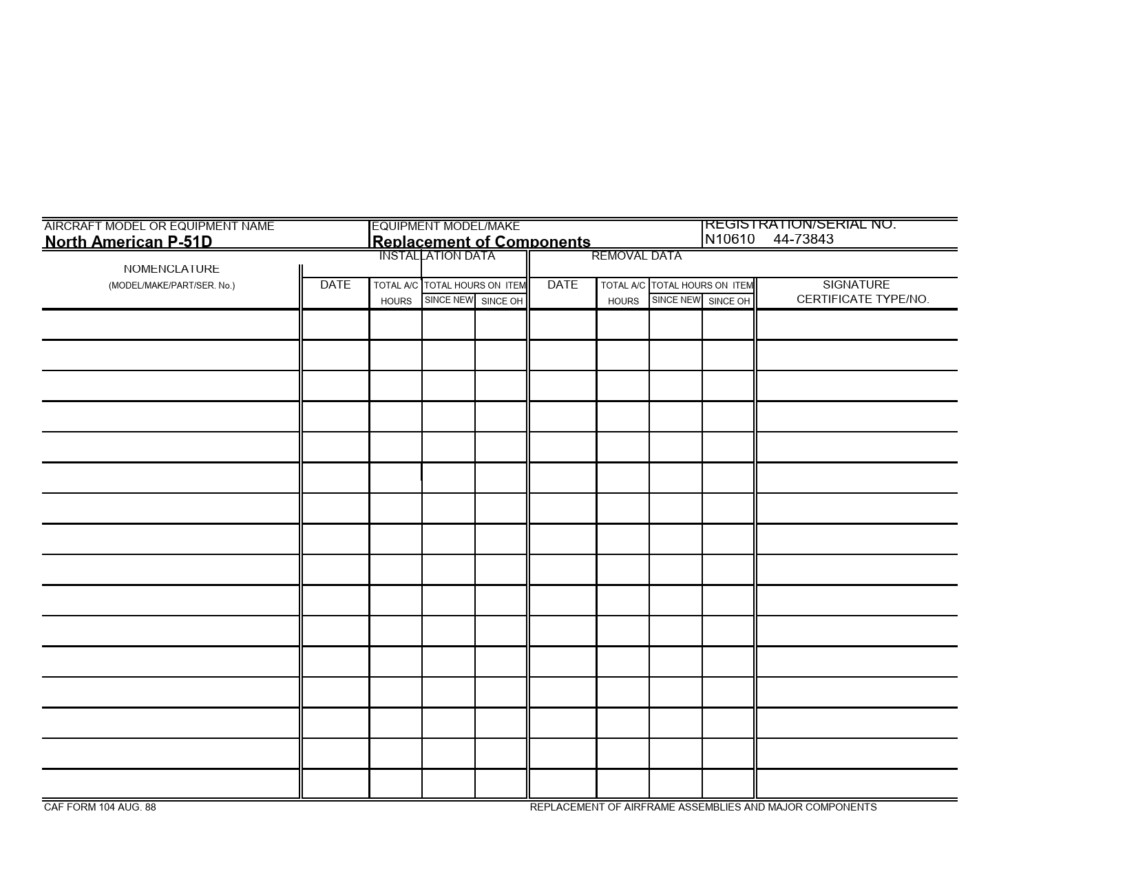 Sample page 1 from AirCorps Library document: Replacement Assemblies and Components Form