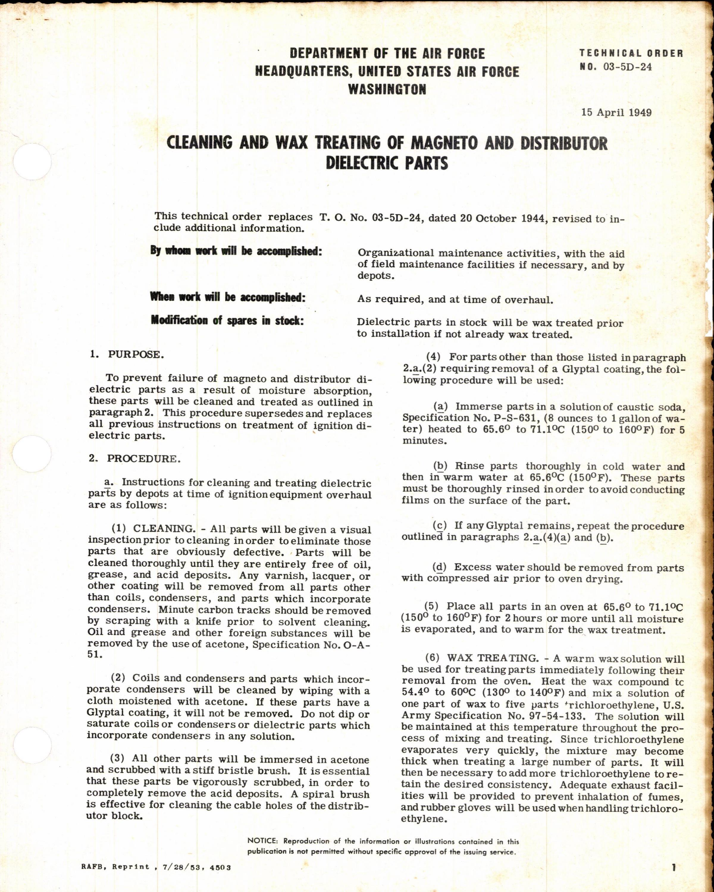 Sample page 1 from AirCorps Library document: Cleaning and Wax Treating of Magneto & Dielectric Parts