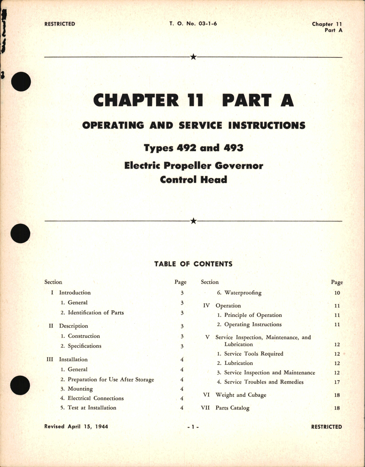 Sample page 1 from AirCorps Library document: Operating and Service Instructions for Electric Propeller Governor Control Head