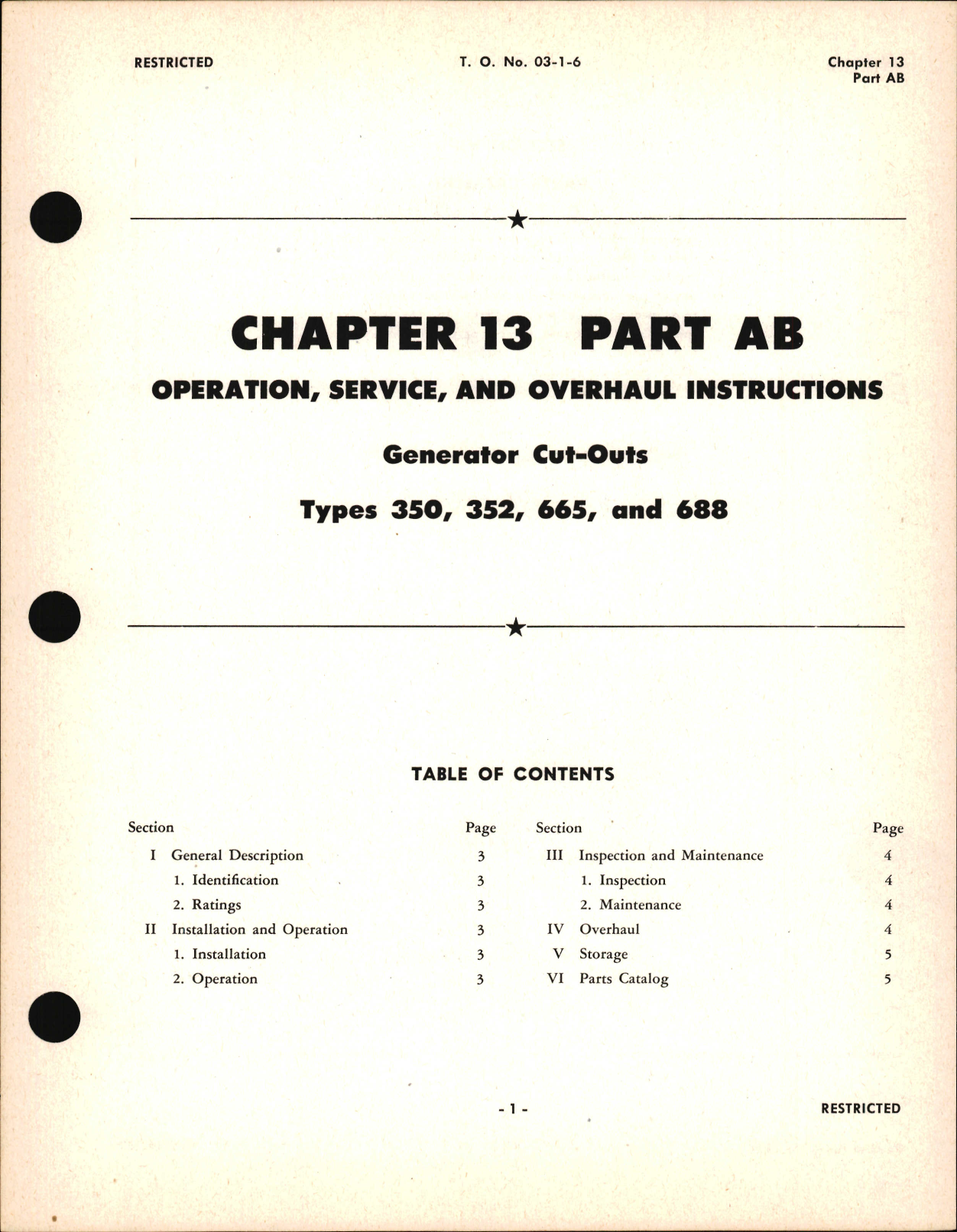 Sample page 1 from AirCorps Library document: Operation, Service and Overhaul Instructions for Generator Cut-Outs