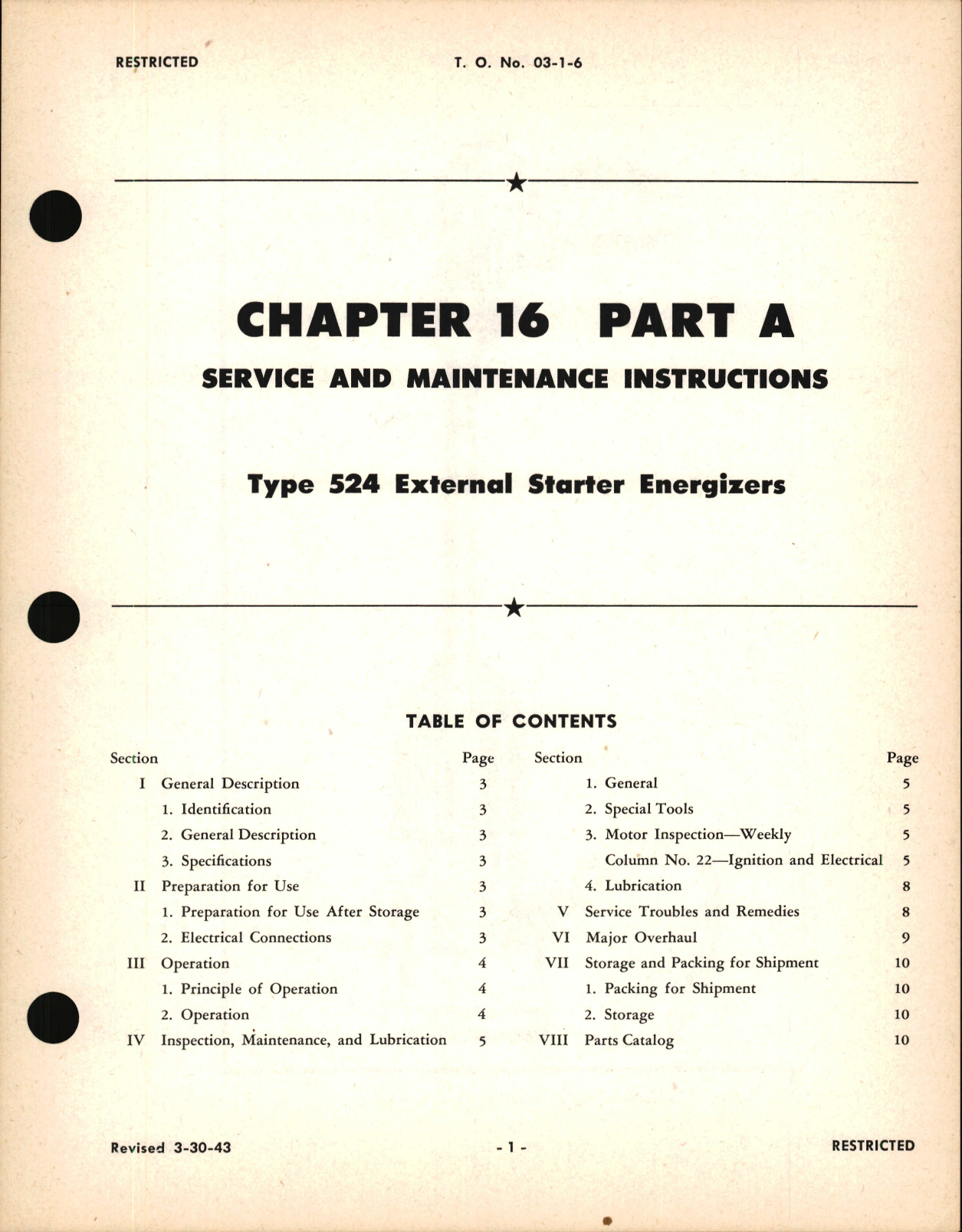 Sample page 1 from AirCorps Library document: Service and Maintenance Instructions for Type 524 External Starter Energizers