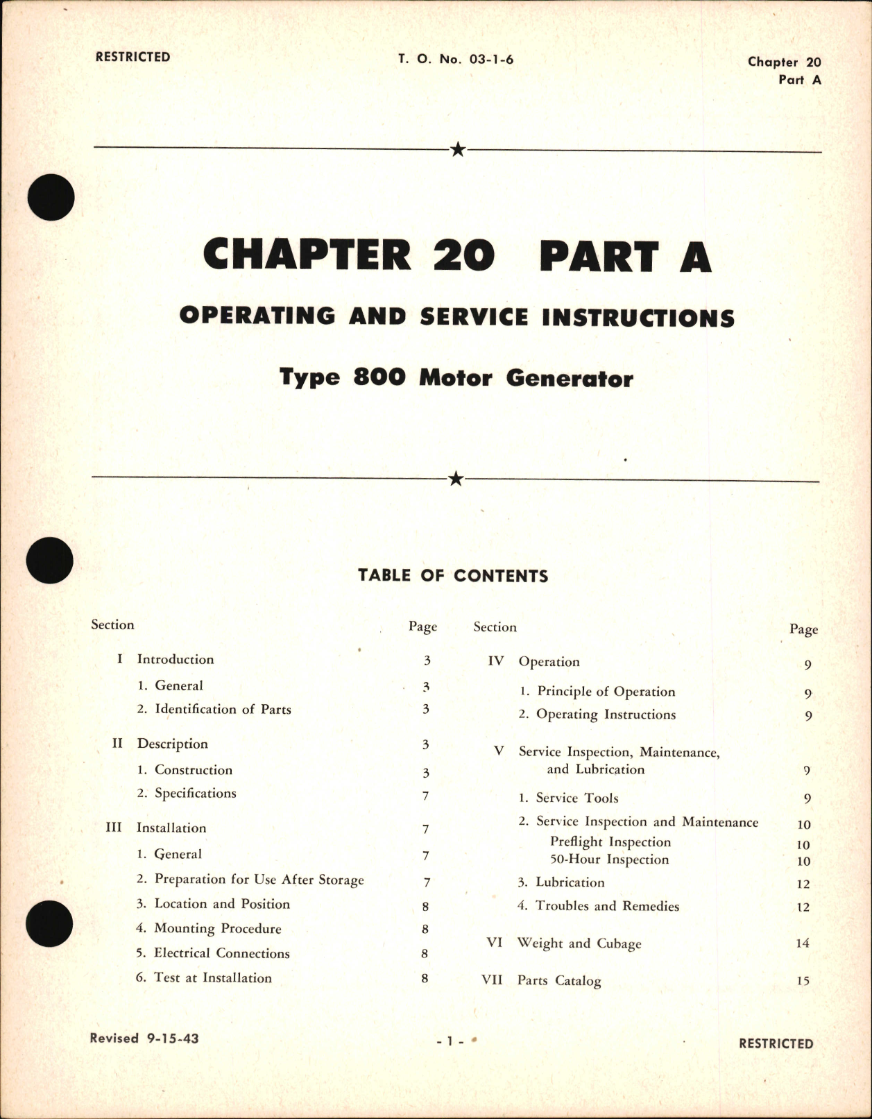 Sample page 1 from AirCorps Library document: Operating and Service Instructions for Type 800 Motor Generator