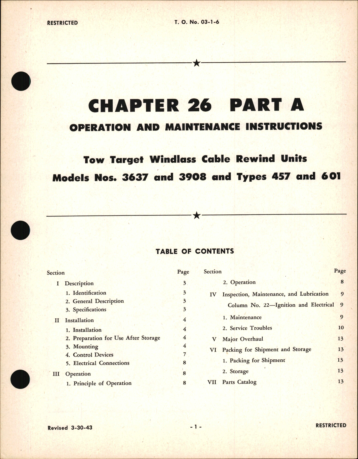 Sample page 1 from AirCorps Library document: Operation and Maintenance Instructions for Tow Target Windlass Cable Rewind Units