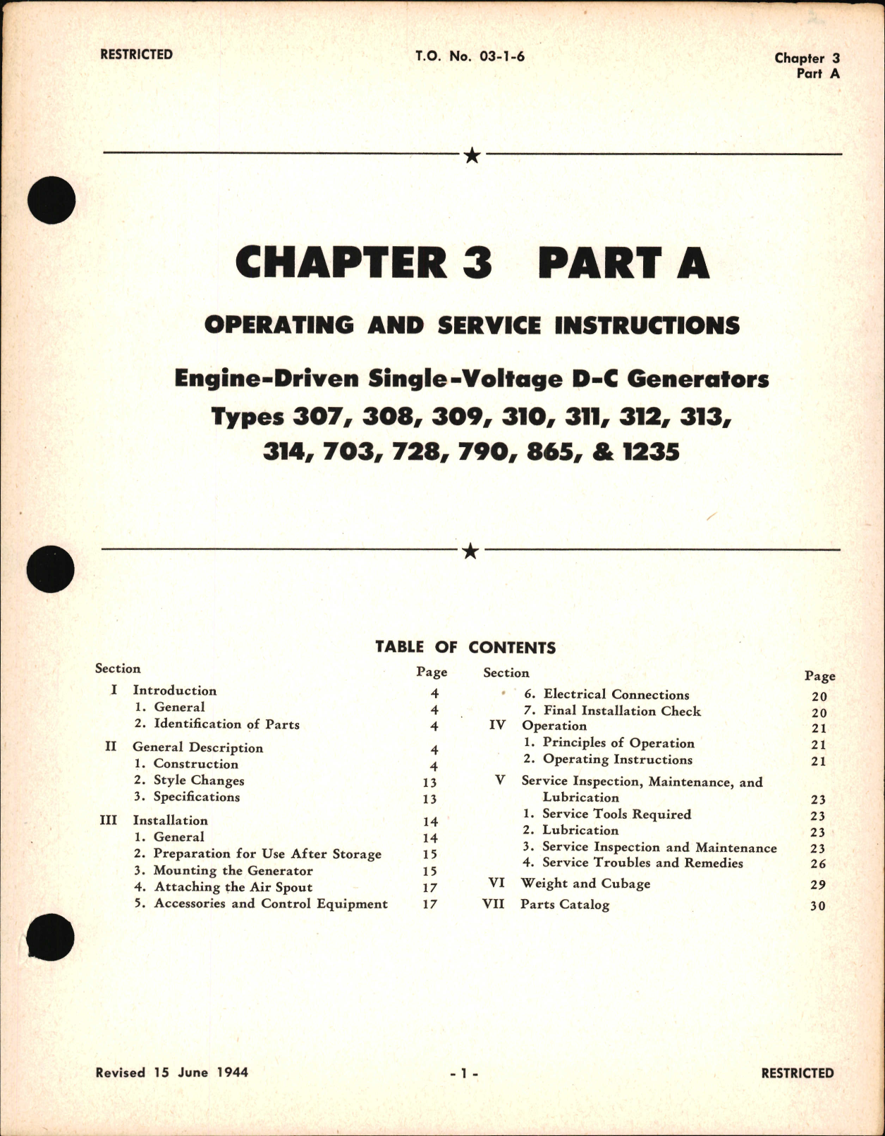 Sample page 1 from AirCorps Library document: Operating & Service Instructions for Engine Driven Single Voltage D-C Generators