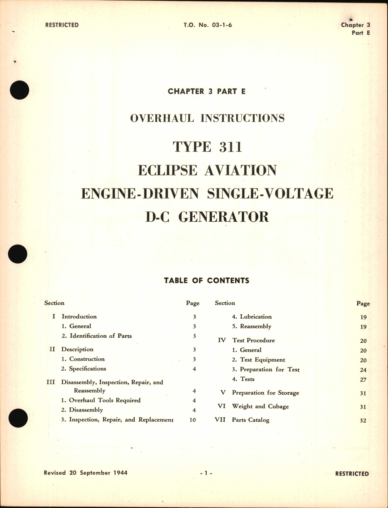 Sample page 1 from AirCorps Library document: Overhaul Instructions for Engine Driven Single Voltage D-C Generator, Type 311