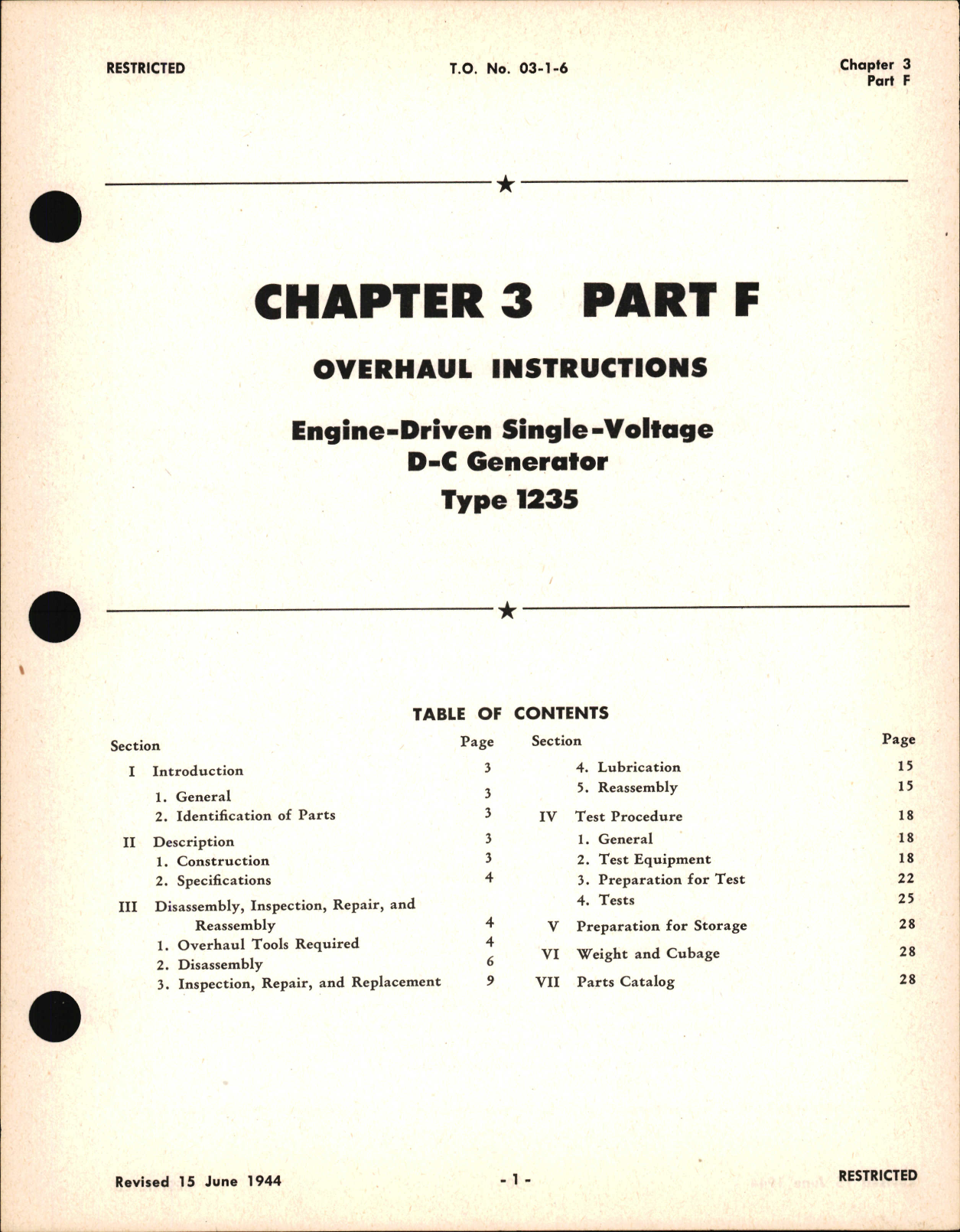 Sample page 1 from AirCorps Library document: Overhaul Instructions for Engine Driven Single Voltage D-C Generator, Type 1235