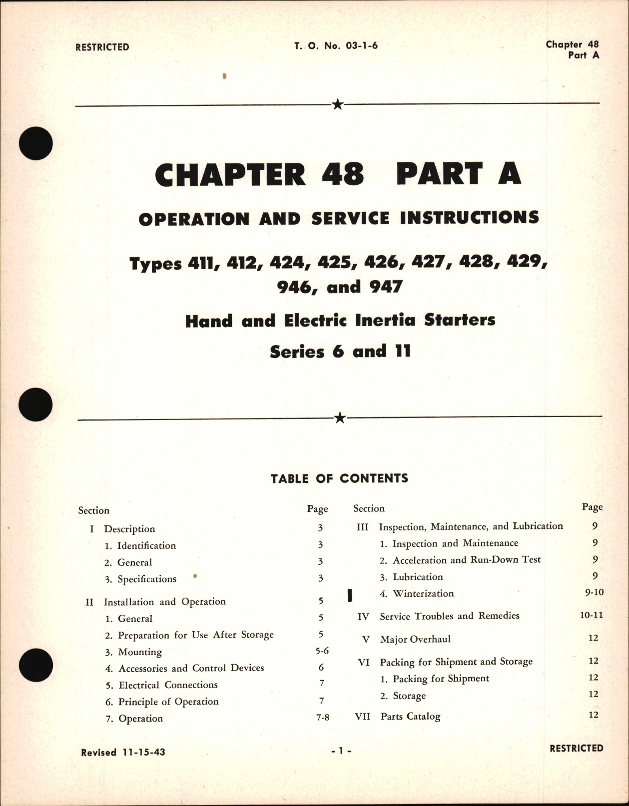 Sample page 1 from AirCorps Library document: Operation and Service Instruction for Hand and Electric Inertia Starters for Series 6 and 11, Ch 48 Part A