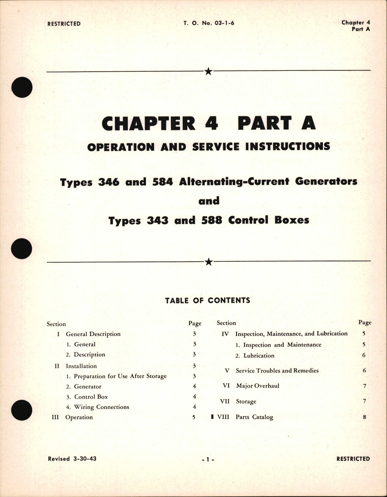 Sample page 1 from AirCorps Library document: Operation & Service Instructions for Alternating Current Generators & Control Boxes