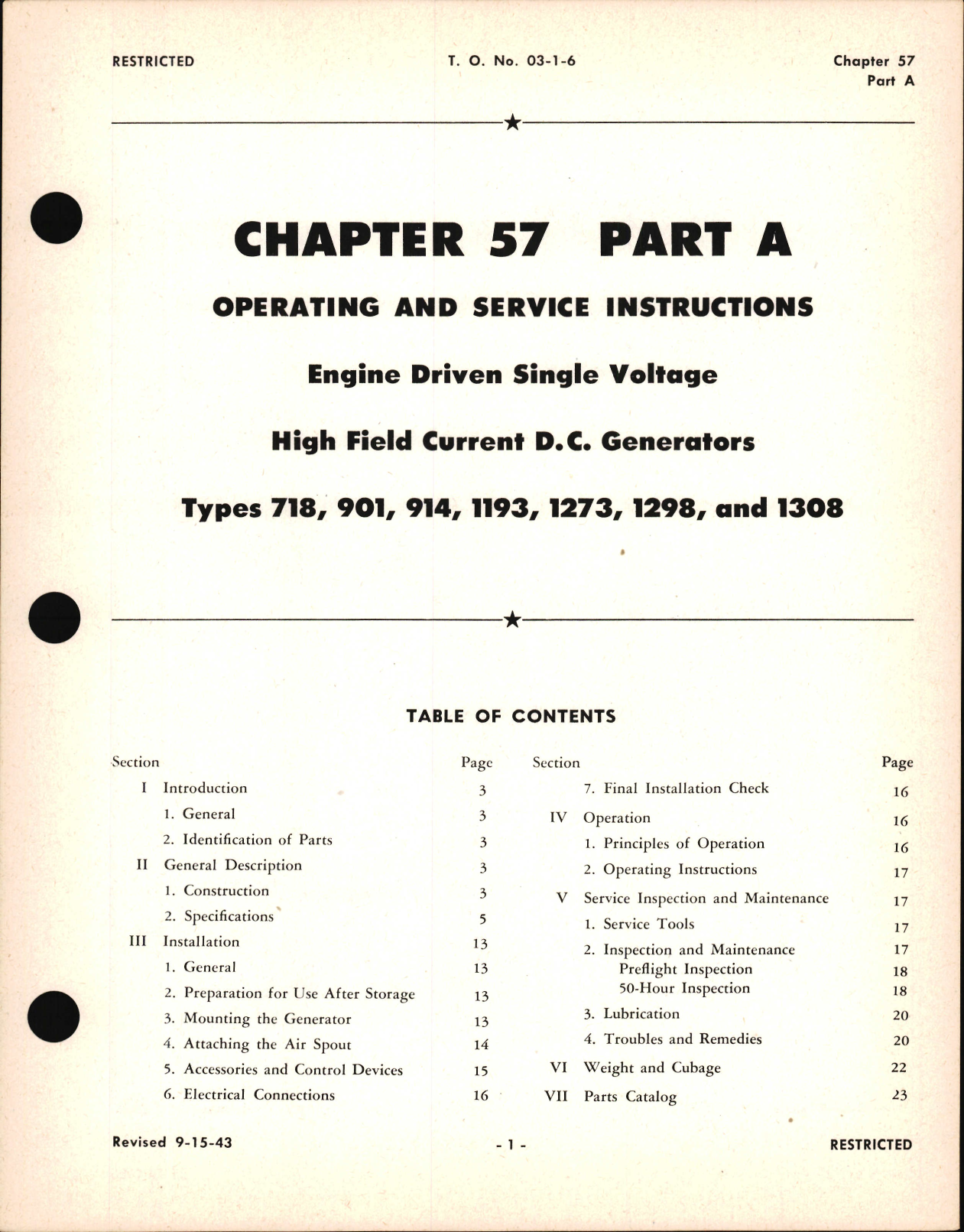 Sample page 1 from AirCorps Library document: Operating and Service Instructions for Engine Driven Single Voltage High Field Current D.C. Generators, Ch 57 Part A