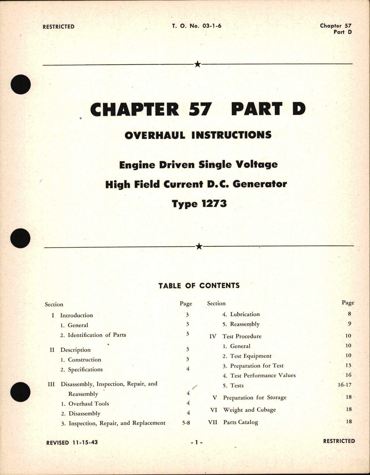 Sample page 1 from AirCorps Library document: Overhaul Instructions for Engine Driven Single Voltage High Field Current D.C. Generator, Ch 57 Part D
