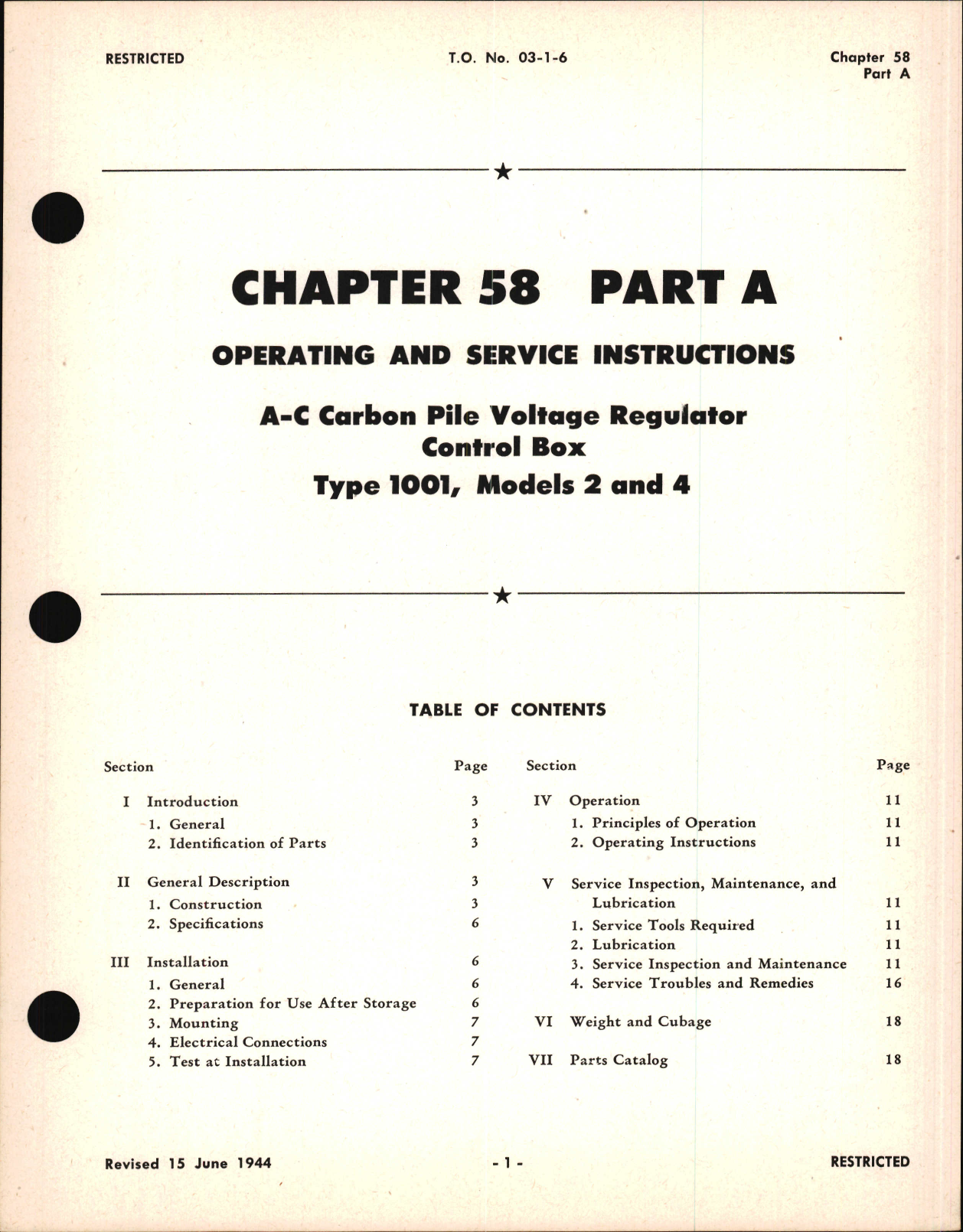 Sample page 1 from AirCorps Library document: Operating and Service Instructions for A-C Carbon Pile Voltage Regulator Control Box, Ch 58 Part A