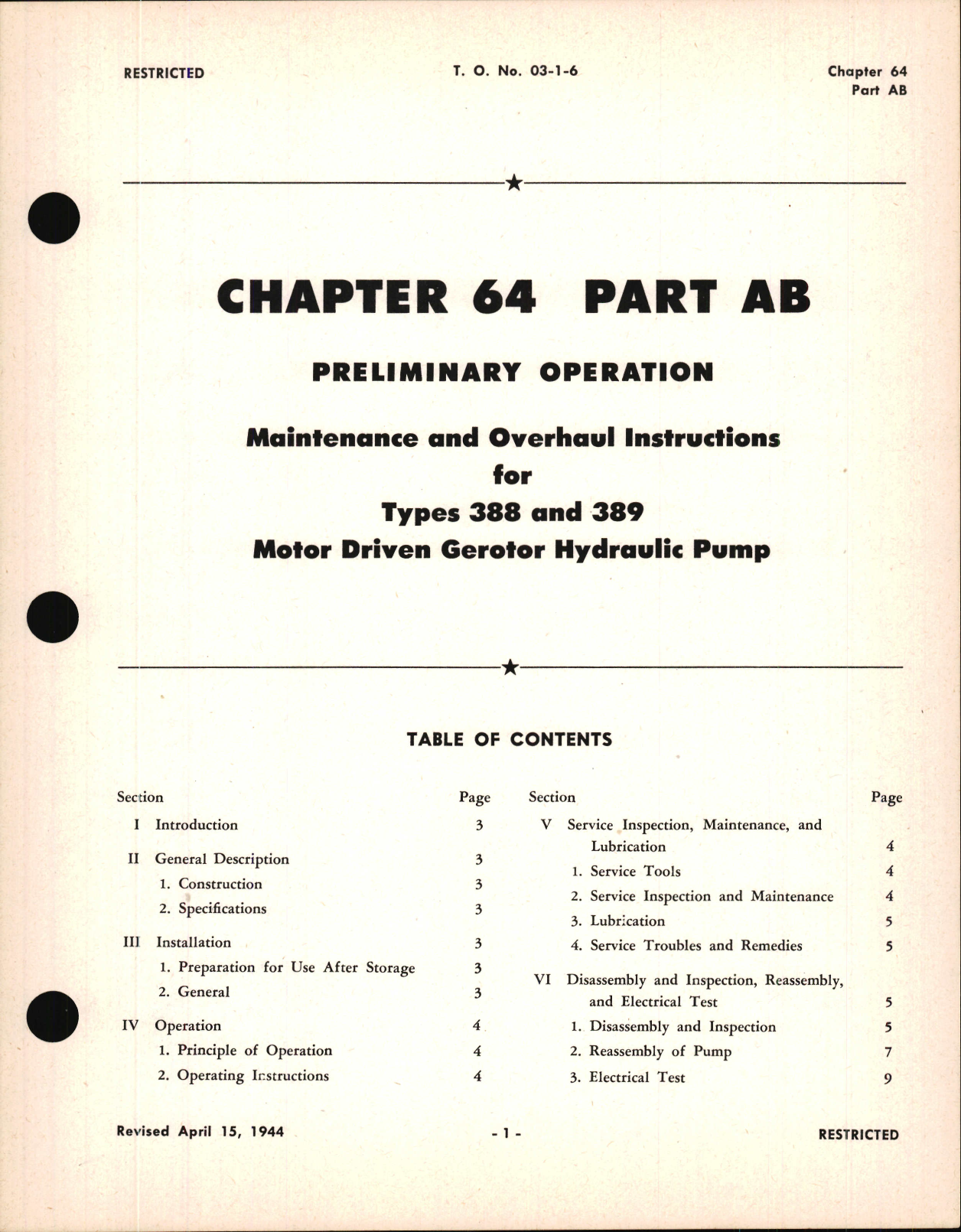 Sample page 1 from AirCorps Library document: Maintenance & Overhaul Instructions for Motor Driven Gerotor Hydraulic Pump, Ch 64 Part AB